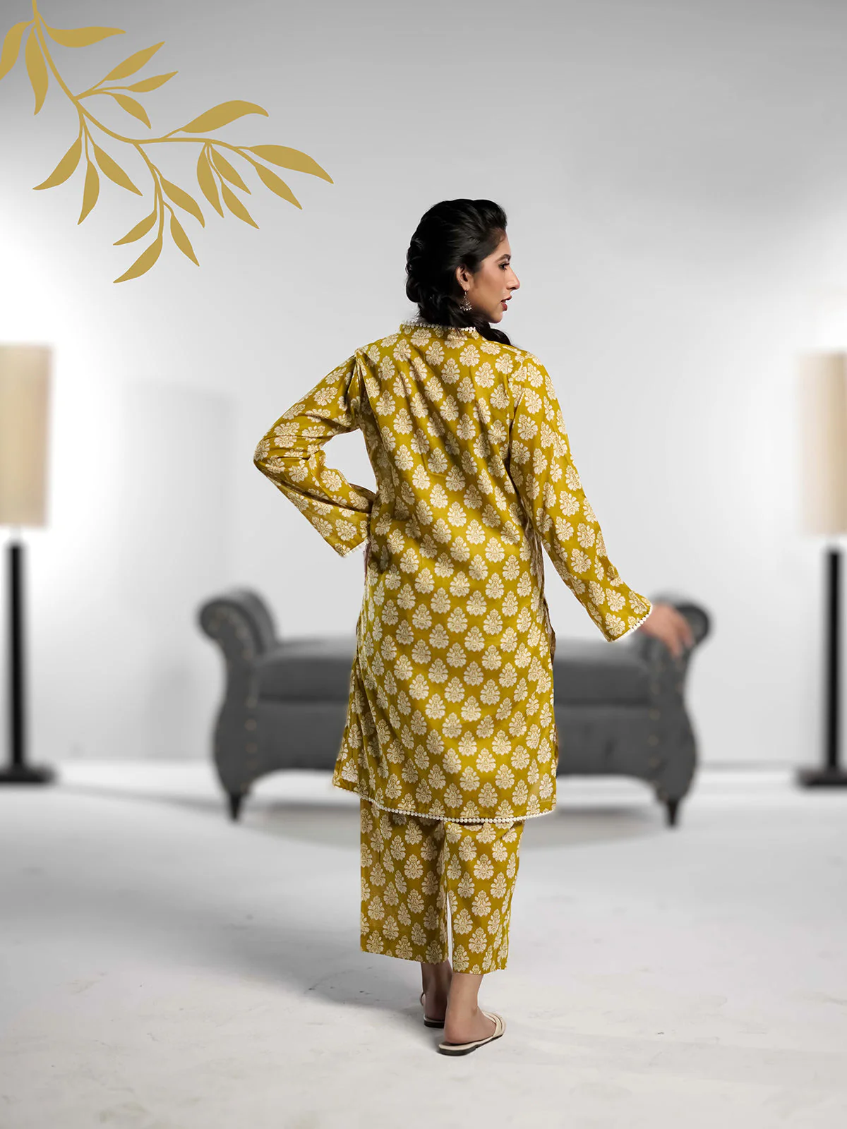 Ahlam Soft Cambric Stitched-Mustard co ord set Suit - Image 4