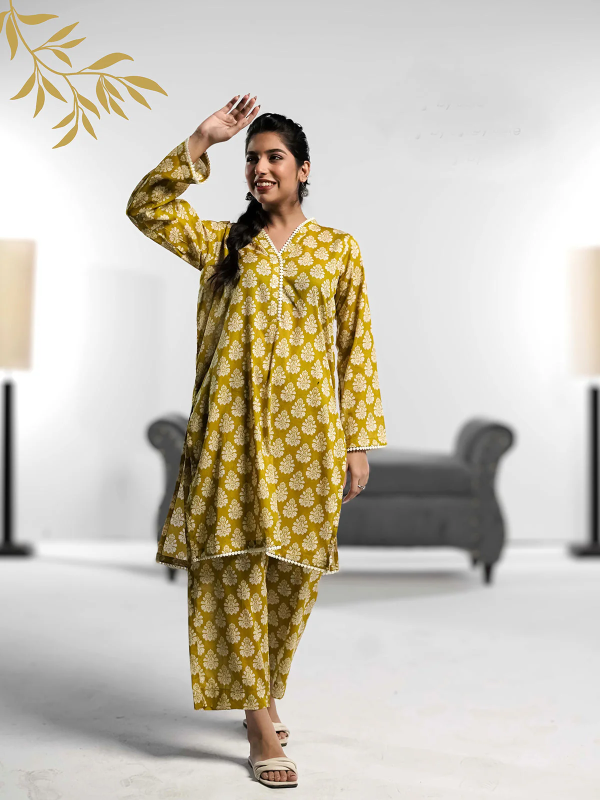 Ahlam Soft Cambric Stitched-Mustard co ord set Suit - Image 5