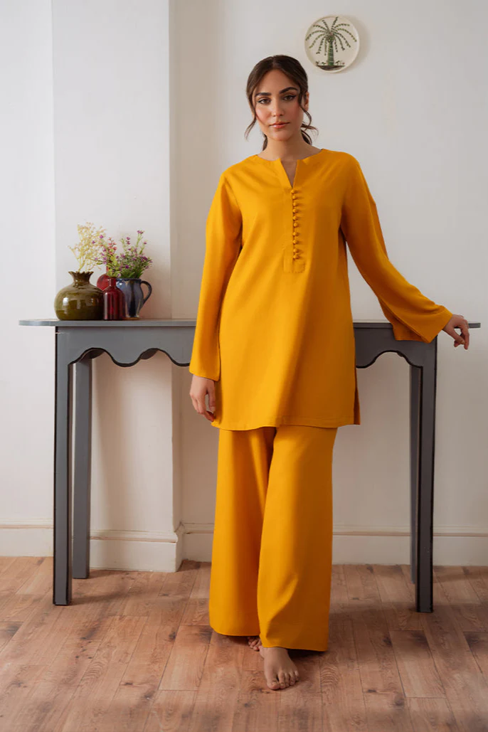 The Abstract Affair By Qariney Stitched 2 Piece Winter Suit-Mustard
