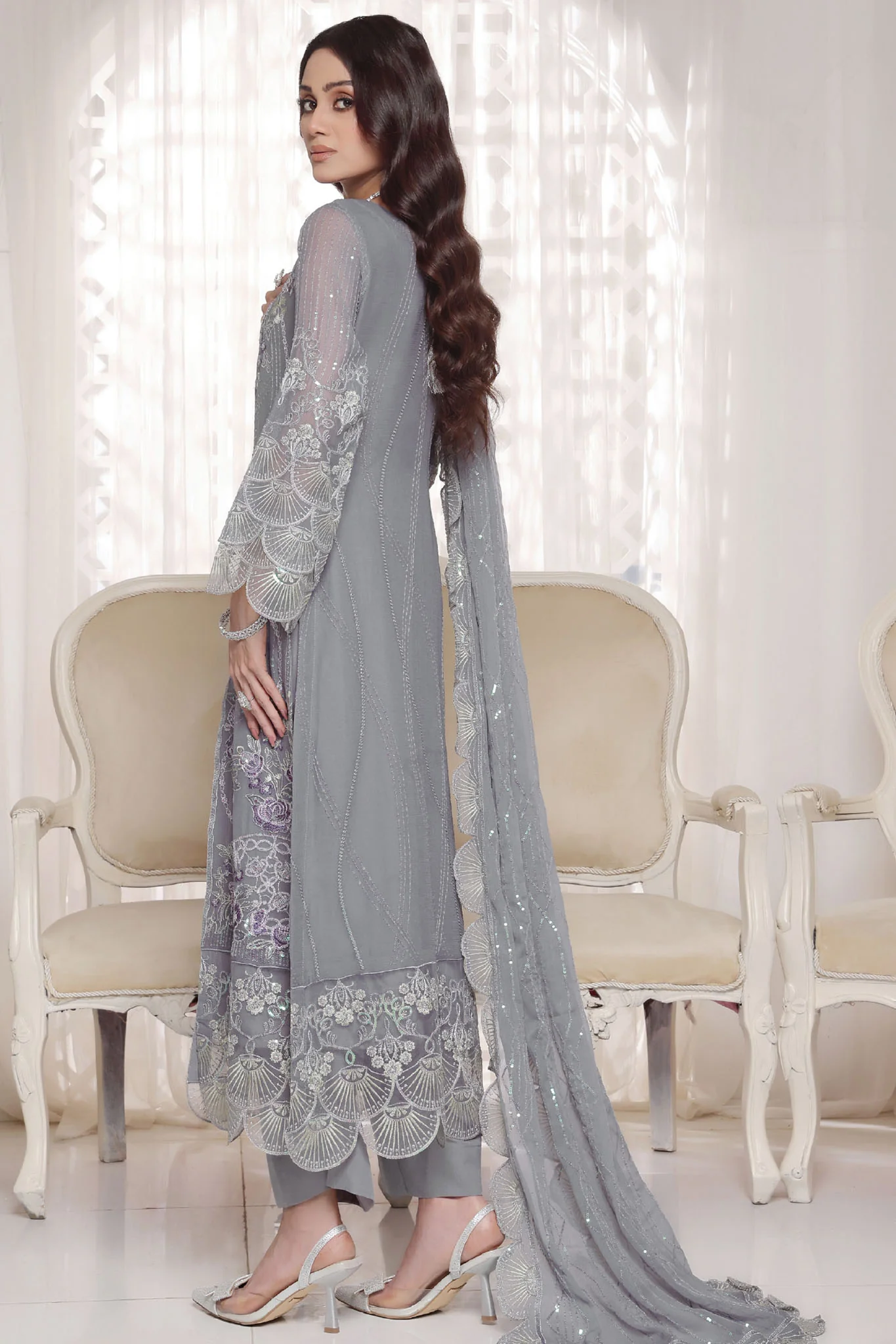 Myra By Soghat Stitched 3 Piece Luxury Emb Chiffon Suit-Myra-01-Grey - Image 3