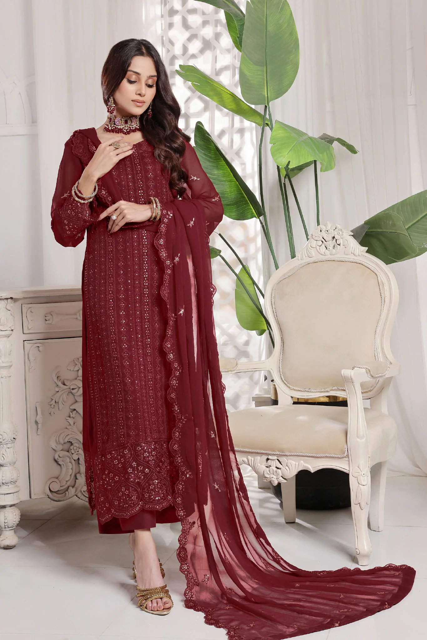 Myra By Soghat Stitched 3 Piece Luxury Emb Chiffon Suit-Myra-05-Maroon - Image 5