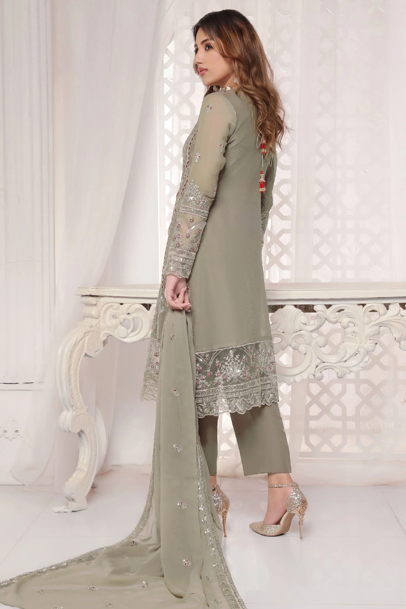 Myra By Soghat Stitched 3 Piece Luxury Emb Chiffon Suit-Myra-07-Olive - Image 3