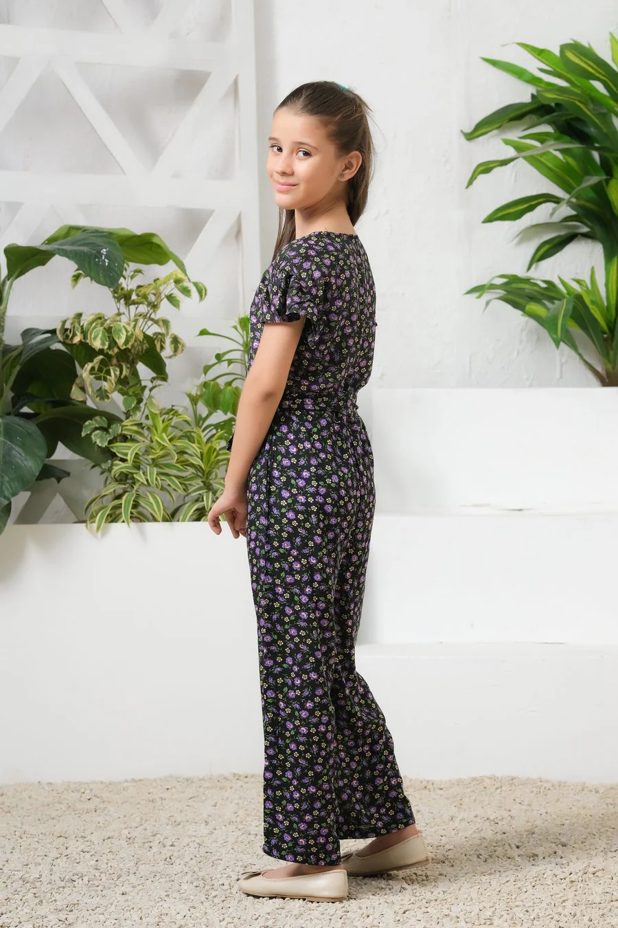 Sprinkles Stitched 1 Piece Summer Jumpsuit Kids Suit-Mystic Garden Allover Floral Print Ruffle Trim Belted Jumpsuit - Image 2