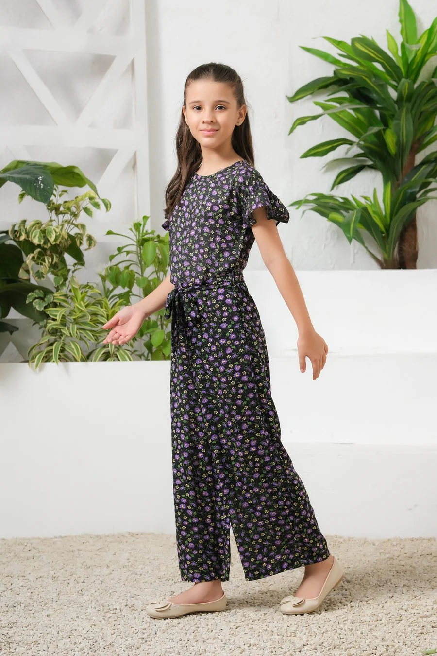Sprinkles Stitched 1 Piece Summer Jumpsuit Kids Suit-Mystic Garden Allover Floral Print Ruffle Trim Belted Jumpsuit - Image 5
