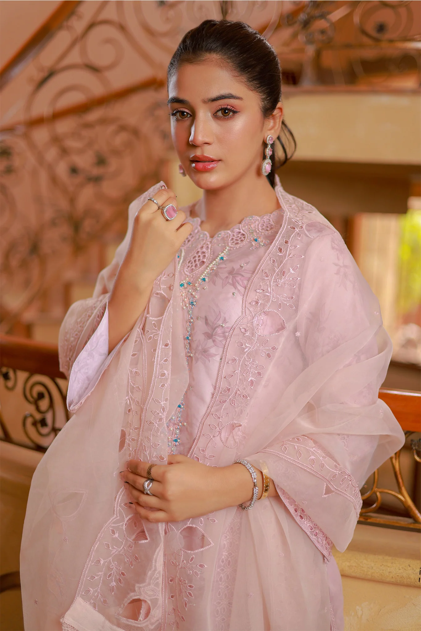Naqsh By Guzel Stitched 3 Piece Luxury Formals Emb Organza Suit-02-Sandal - Image 2