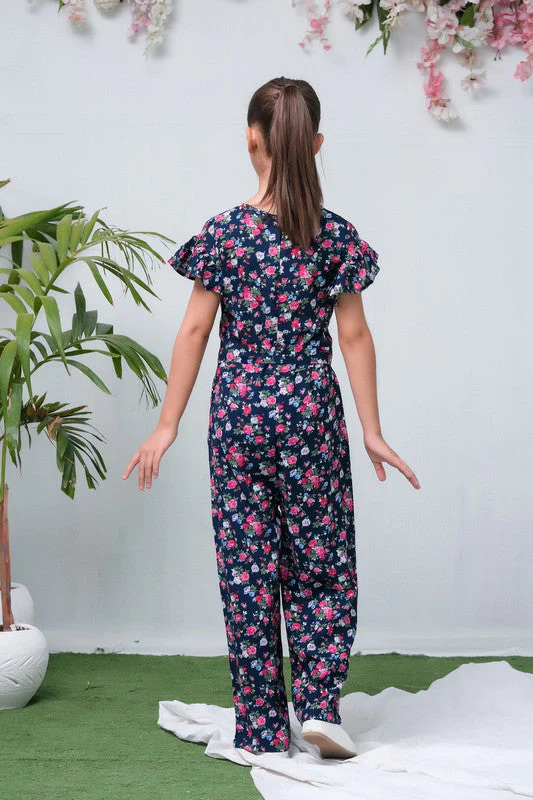 Sprinkles Stitched 1 Piece Summer Jumpsuit Kids Suit-Navy Blue Camellia Floral Print Jumpsuit - Image 5