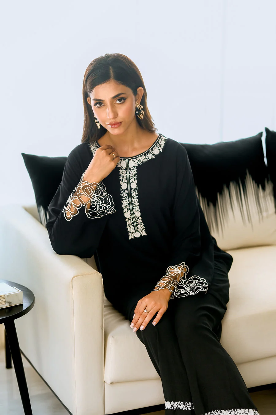 Sprinkles Stitched 2 Piece Summer Co Ord Sets Women Suit-Noir Elegance - 2pcs - Embroidered