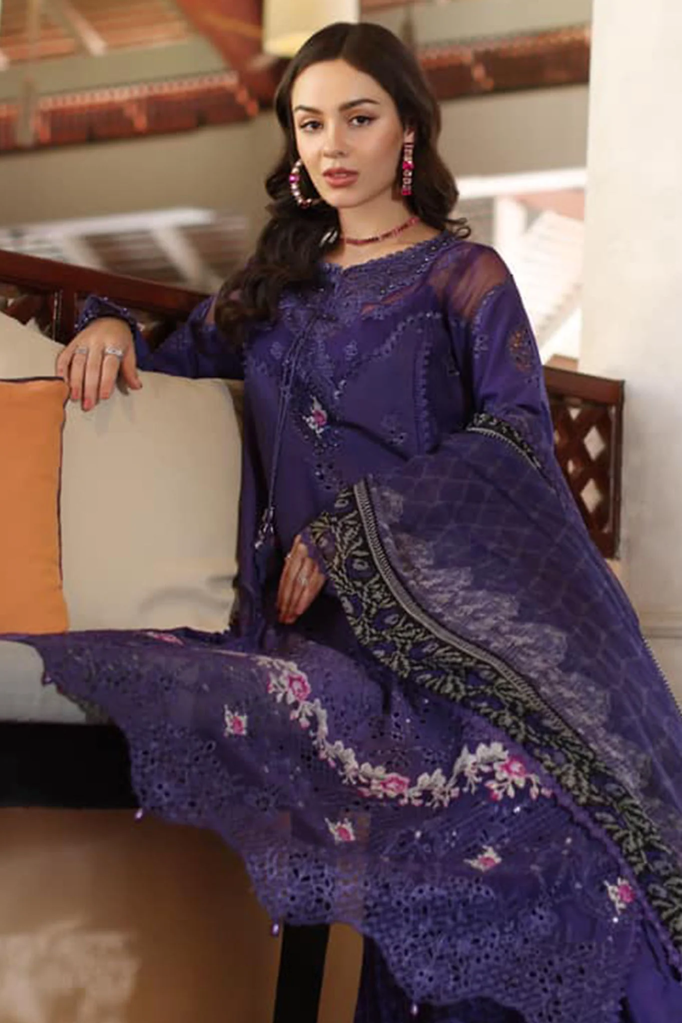 Noor By Saadia Asad Unstitched 3 Piece Eid Luxury Laserkari Suit-04-B - Image 3