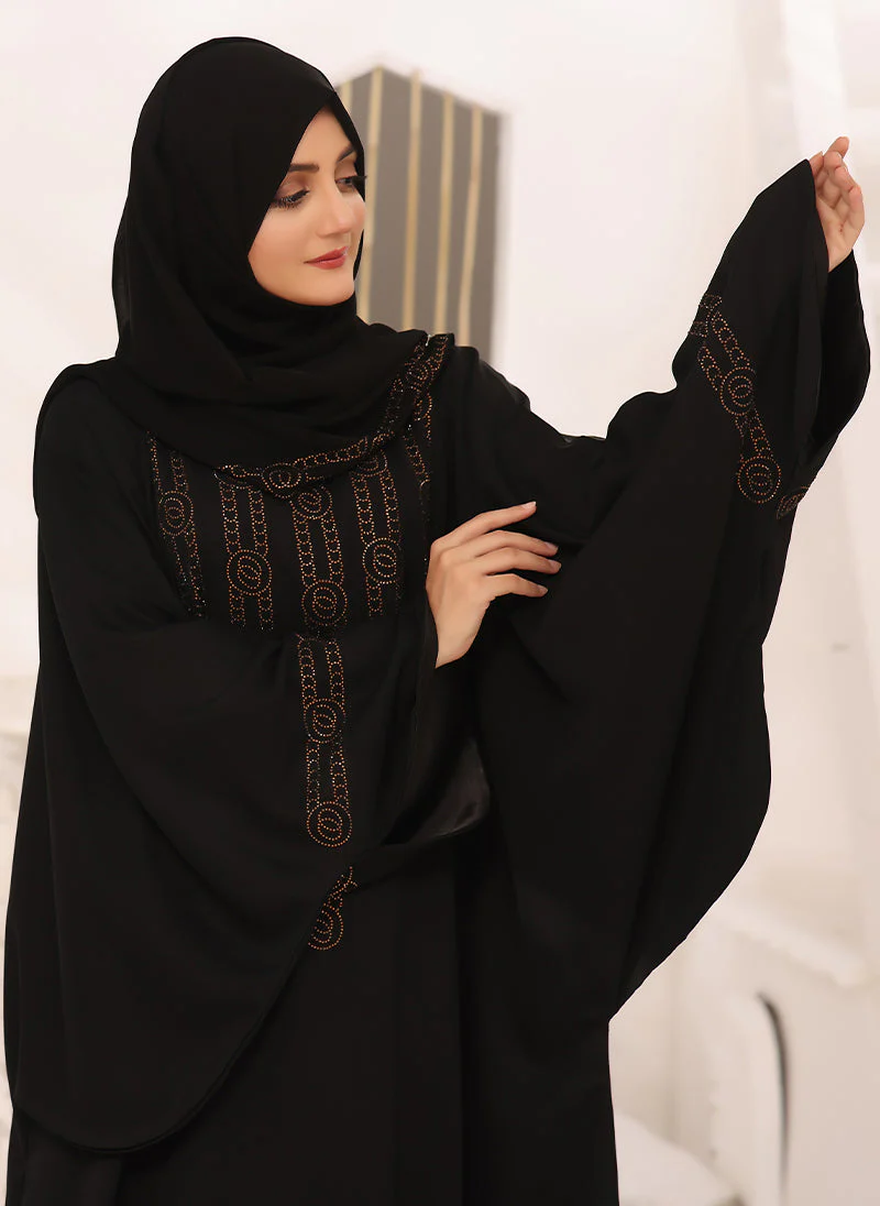 Hijab Ul Hareem Black Nida Fabric Jilbab with Stone Work jilbab - JILBAB-C-263