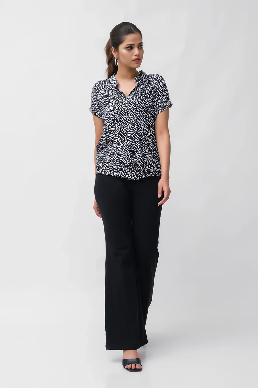 Dhaga Western Tops-White Polka Notched Neck Bishop Sleeve Blouse - Image 3
