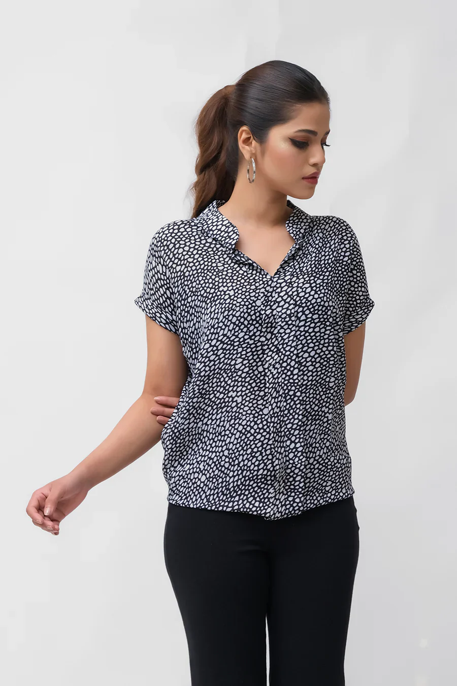 Dhaga Western Tops-White Polka Notched Neck Bishop Sleeve Blouse - Image 4
