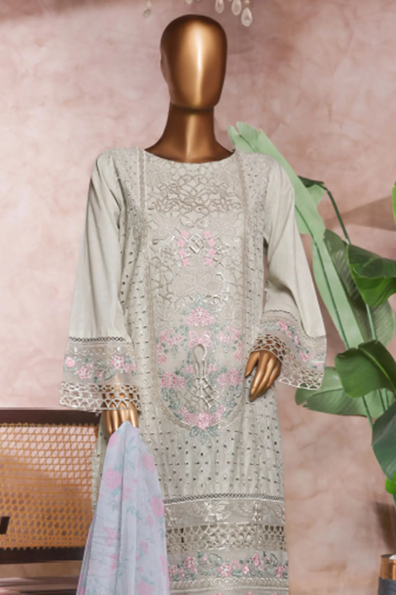 Bin Saeed Stitched 3 Piece Luxe Self & Self Suit-NSM-2220-Grey - Image 2