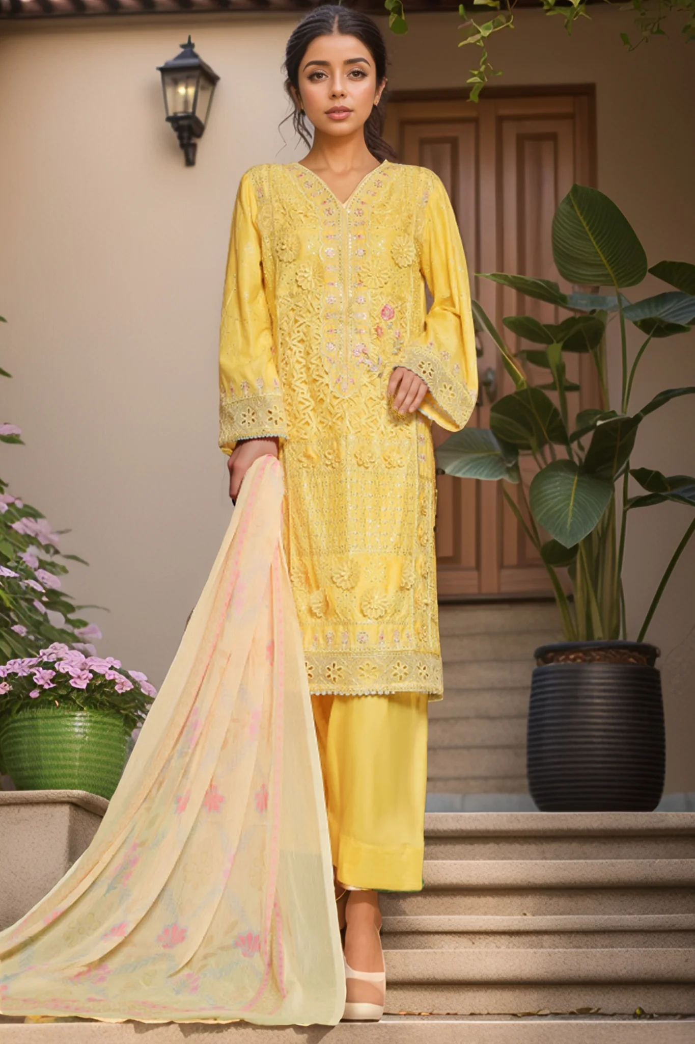 Bin Saeed Stitched 3 Piece Luxe Self & Self Suit-NSM-2223-Yellow