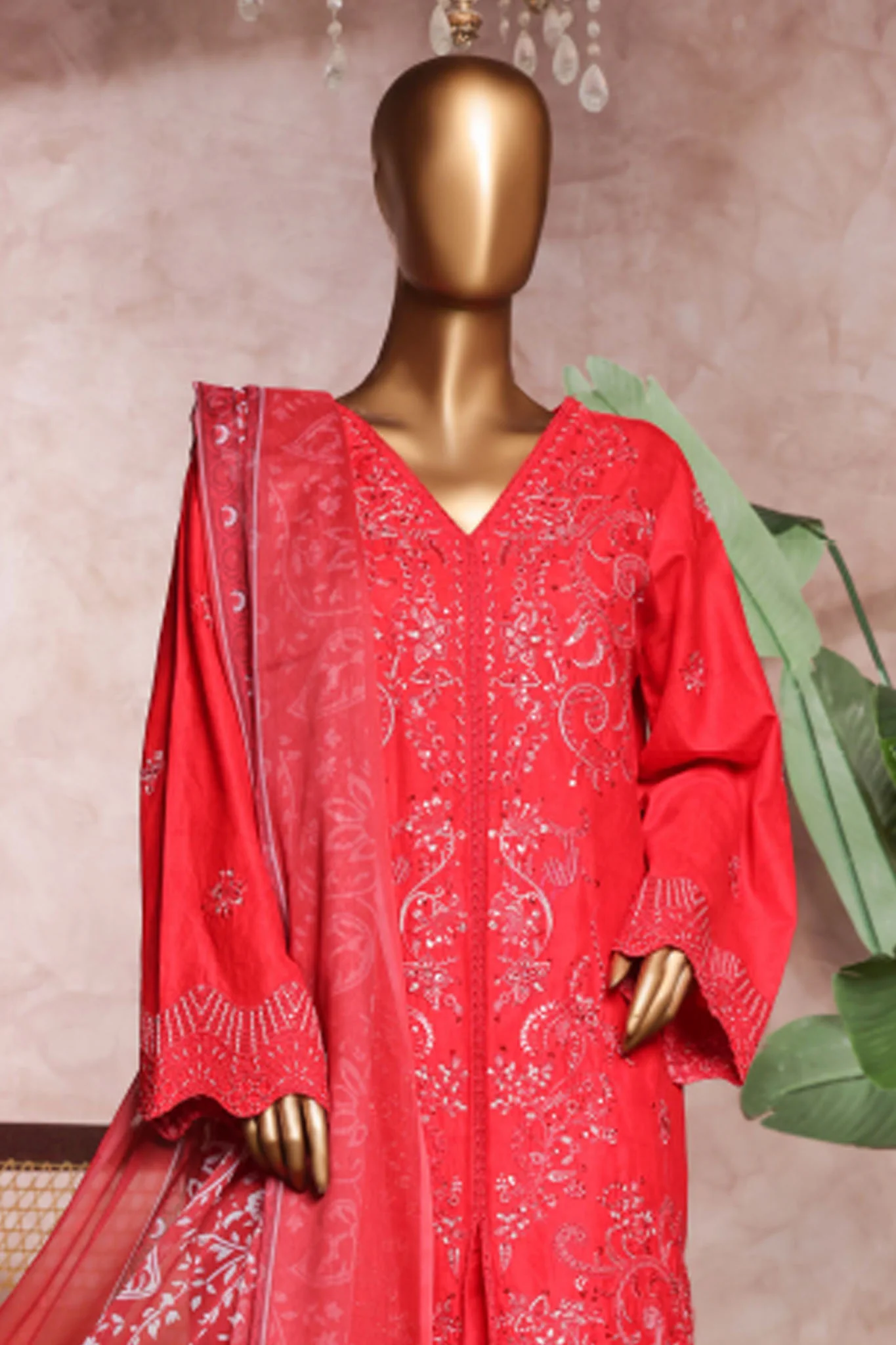 Bin Saeed Stitched 3 Piece Luxe Self & Self Suit-NSM-2225-Red - Image 2