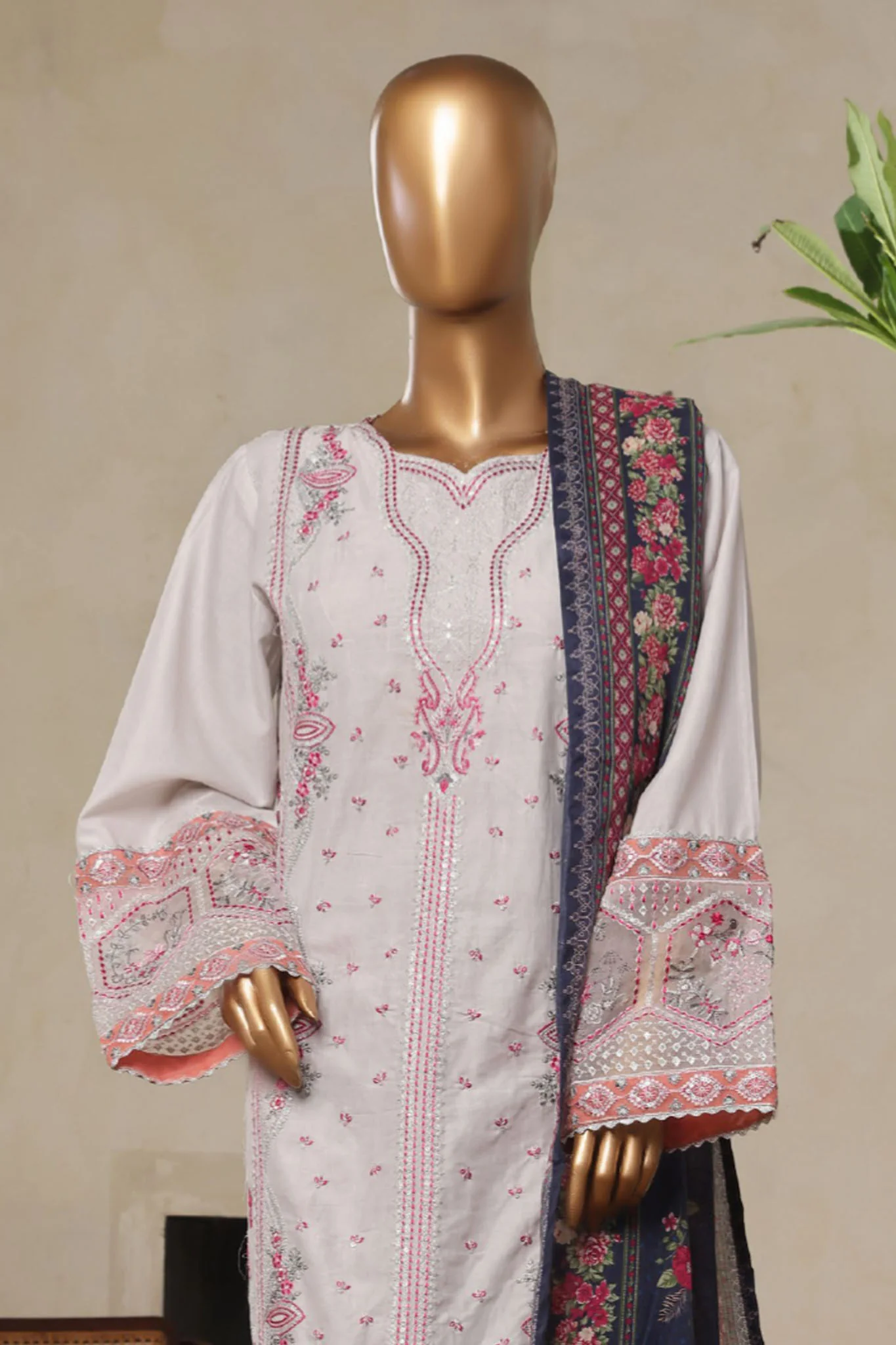 Bin Saeed Stitched 3 Piece Luxury Plain Cotton With Printed Back Vol-02 Suit-NSM-2226-White - Image 2