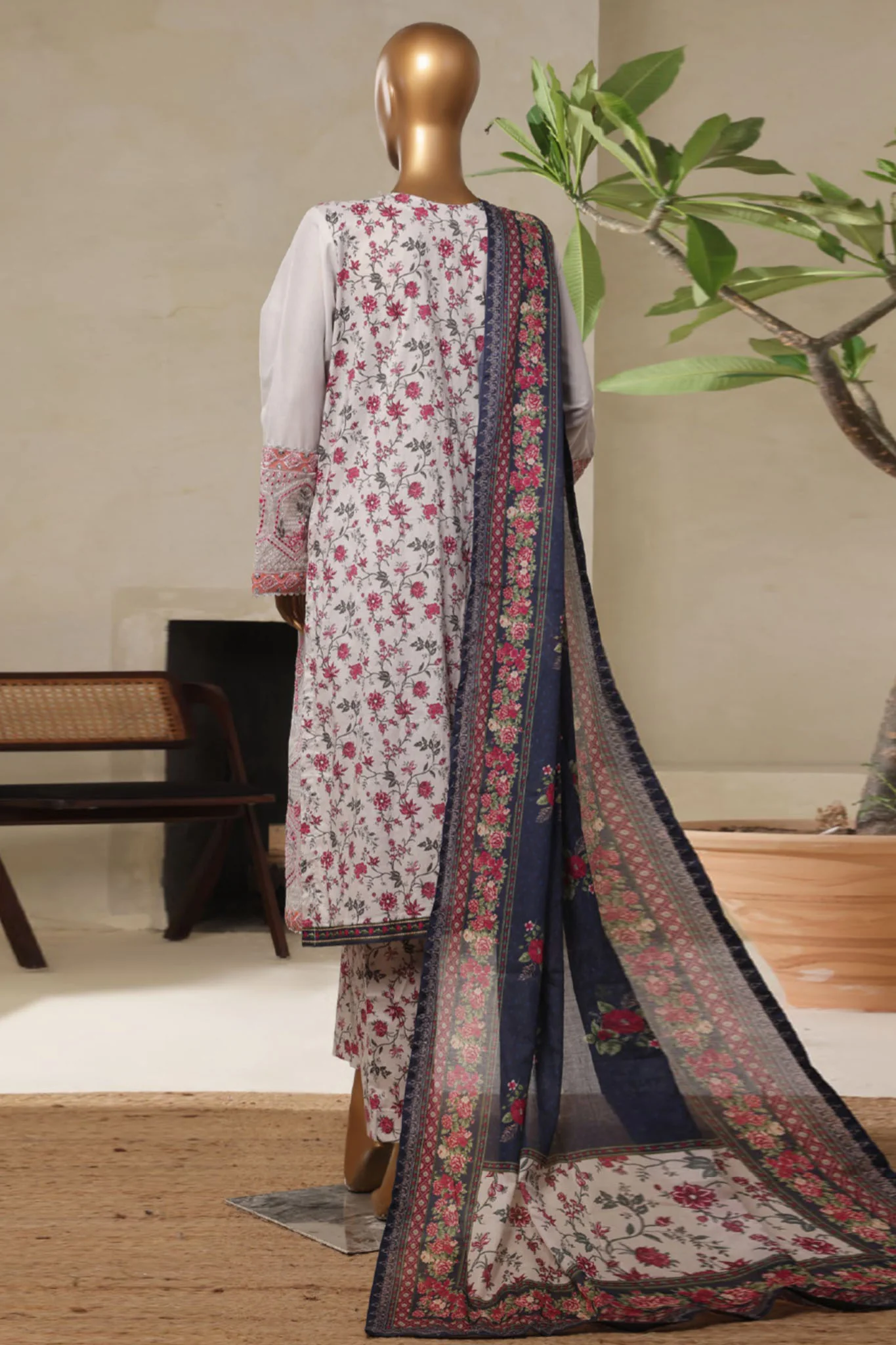 Bin Saeed Stitched 3 Piece Luxury Plain Cotton With Printed Back Vol-02 Suit-NSM-2226-White - Image 3