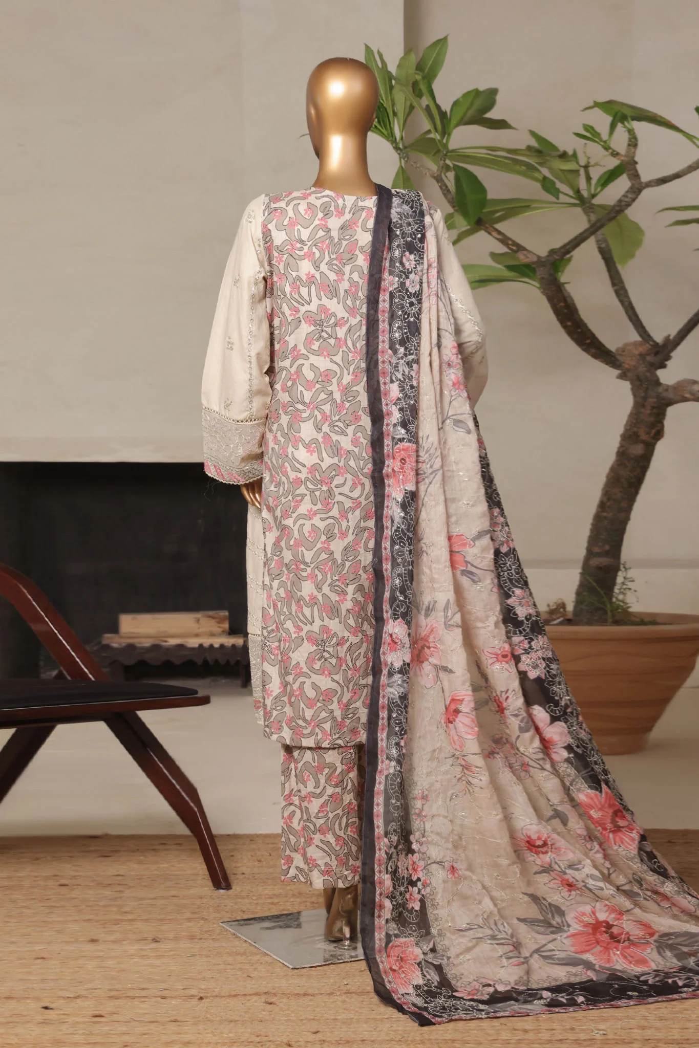 Bin Saeed Stitched 3 Piece Luxury Plain Cotton With Printed Back Vol-02 Suit-NSM-2228-Skin - Image 3