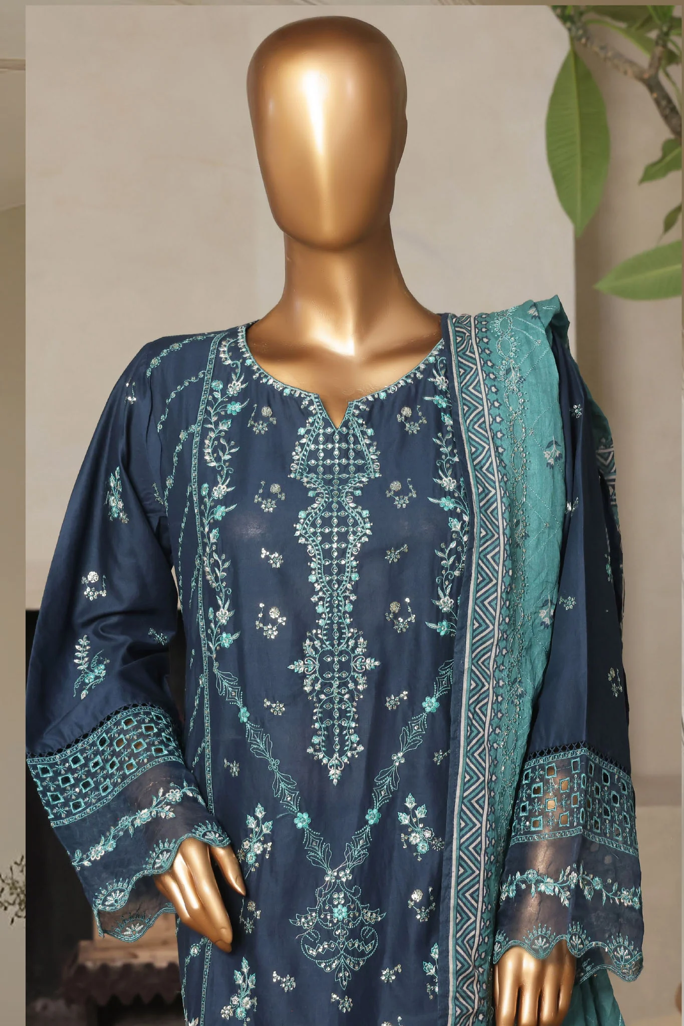 Bin Saeed Stitched 3 Piece Luxury Plain Cotton With Printed Back Vol-02 Suit-NSM-2233-Blue - Image 2