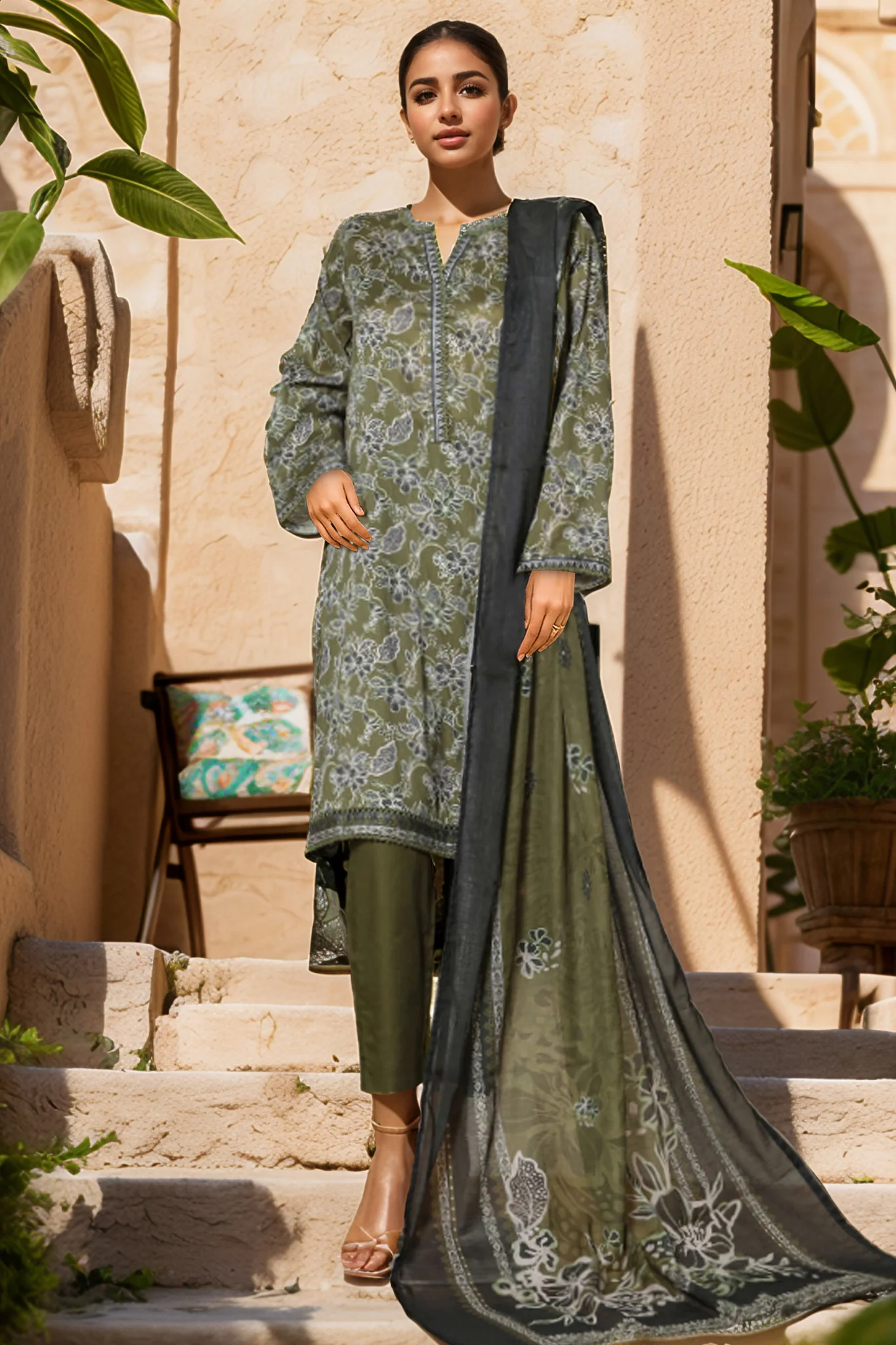 Bin Saeed Stitched 3 Piece Exclusive Printed Lawn Vol-09 Suit-NSM-2241-Mehndi