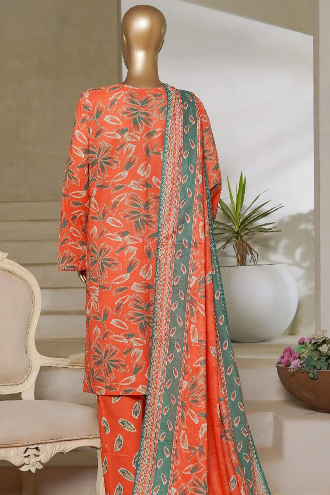 Classic Charm Modern Thread By Bin Saeed Stitched 3 Piece Lawn Suit-NSM-2344-Peach - Image 3