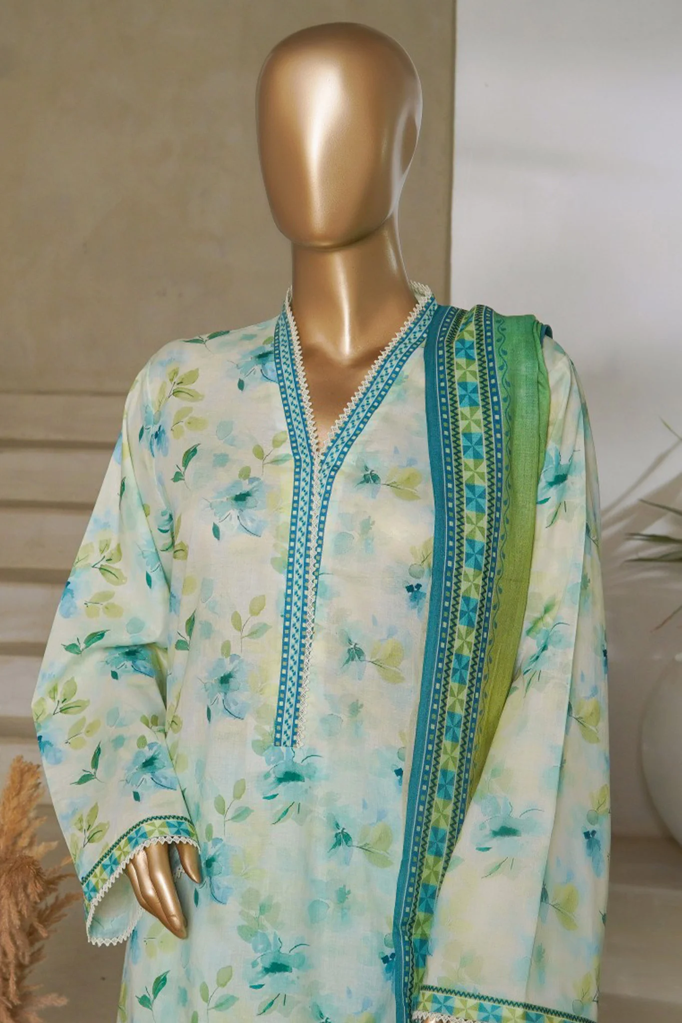 Classic Charm Modern Thread By Bin Saeed Stitched 3 Piece Lawn Suit-NSM-2349-Ferozi - Image 2