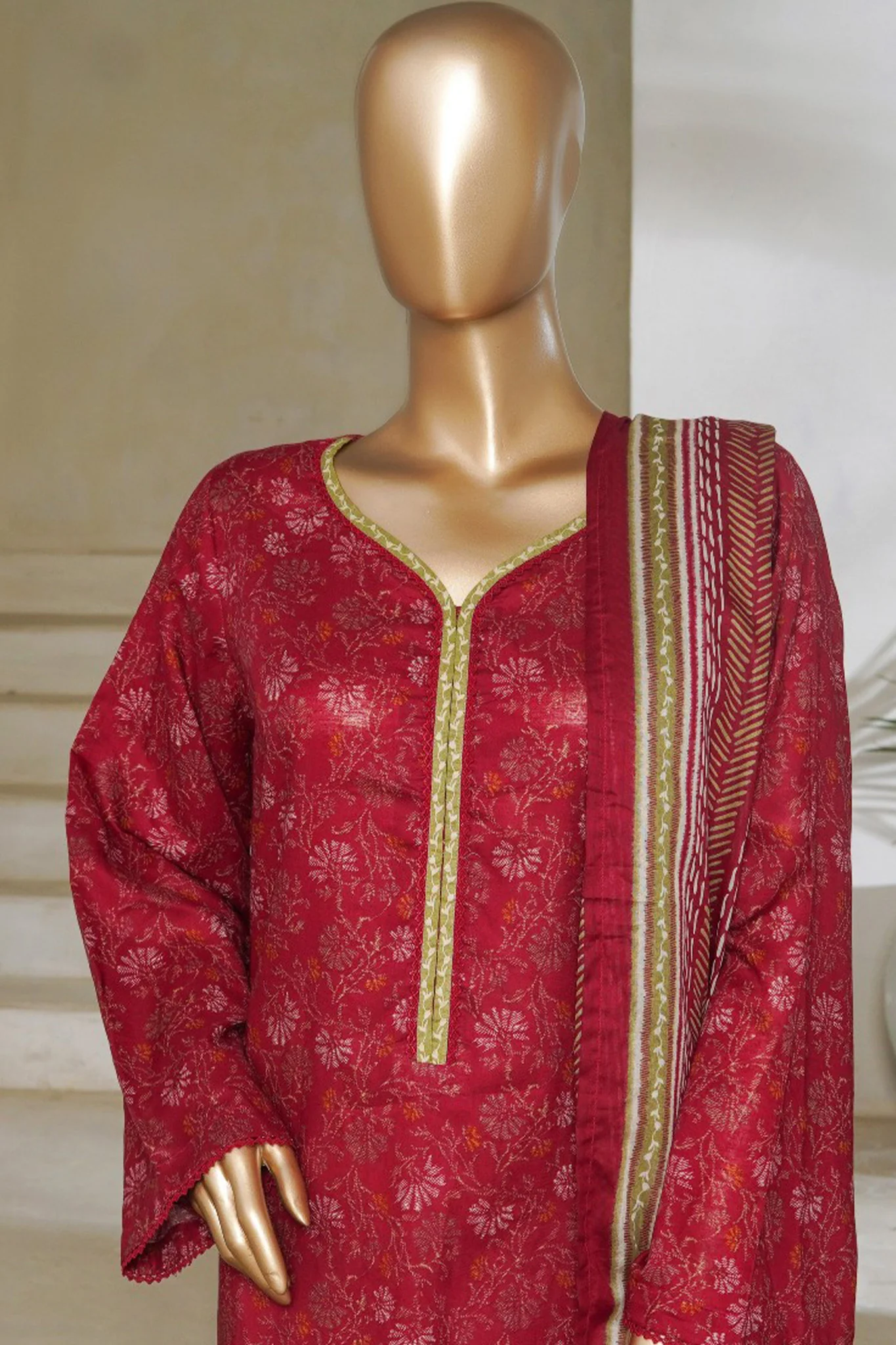 Classic Charm Modern Thread By Bin Saeed Stitched 3 Piece Lawn Suit-NSM-2352-Maroon - Image 2