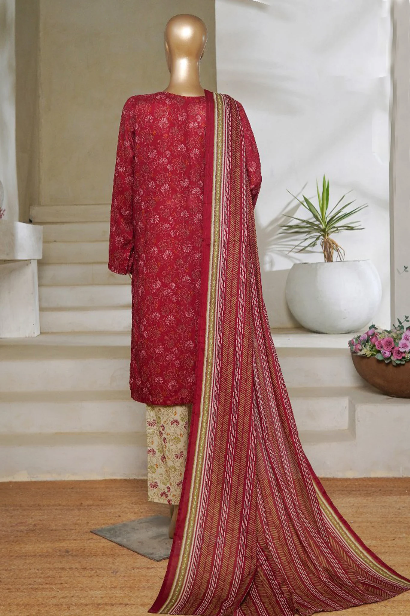 Classic Charm Modern Thread By Bin Saeed Stitched 3 Piece Lawn Suit-NSM-2352-Maroon - Image 3