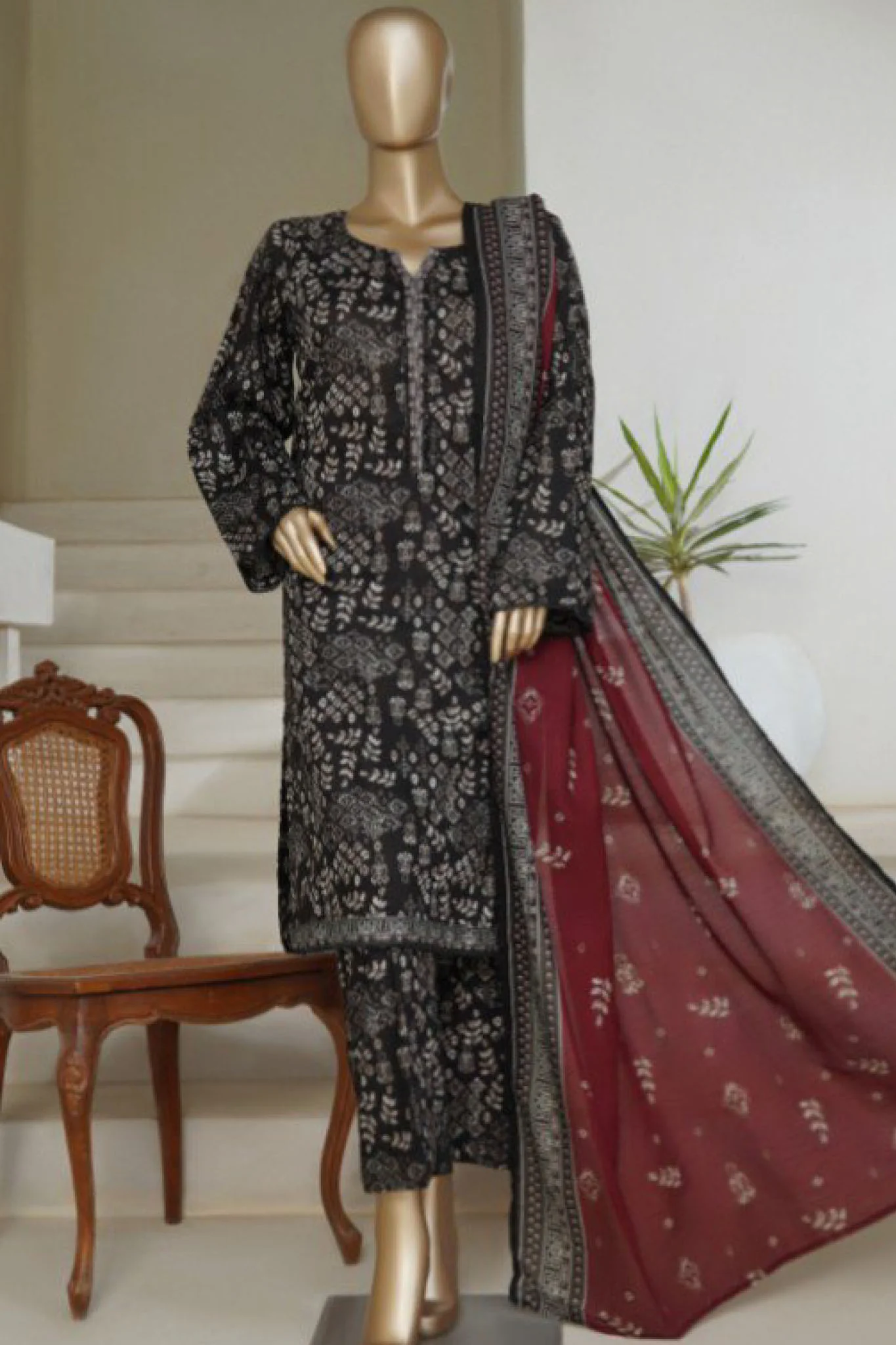 Bin Saeed Stitched 3 Piece Printed Lawn Suit-NSM-2440-Black