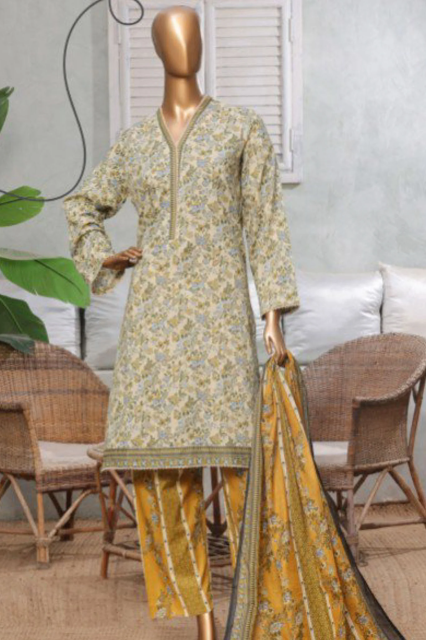 Bin Saeed Stitched 3 Piece Printed Lawn Suit-NSM-2443-Lemon