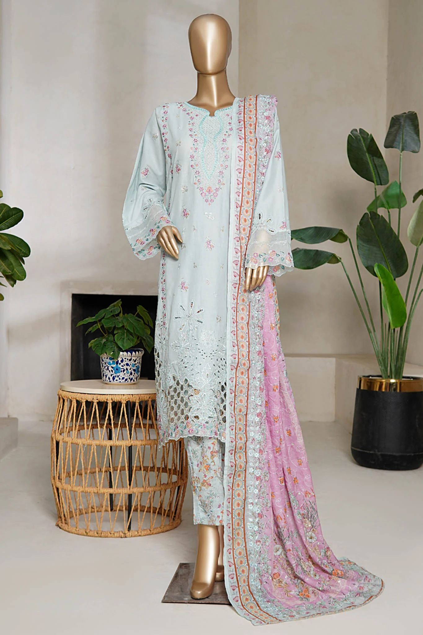Bin Saeed Stitched 3 Piece Luxury Plain Cotton With Emb Printed Back Suit-NSM-2475-Ferozi - Image 4