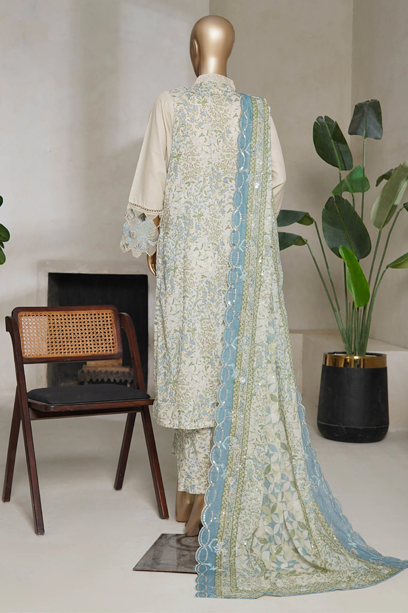 Bin Saeed Stitched 3 Piece Luxury Plain Cotton With Emb Printed Back Suit-NSM-2476-Skin - Image 3