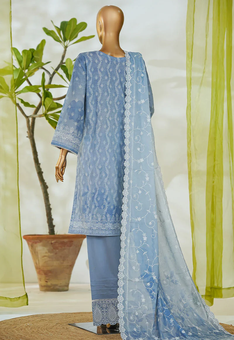 Bin Saeed Stitched 3 Piece Luxury White & White Emb Suit-NSM-2526 BLUE - Image 3