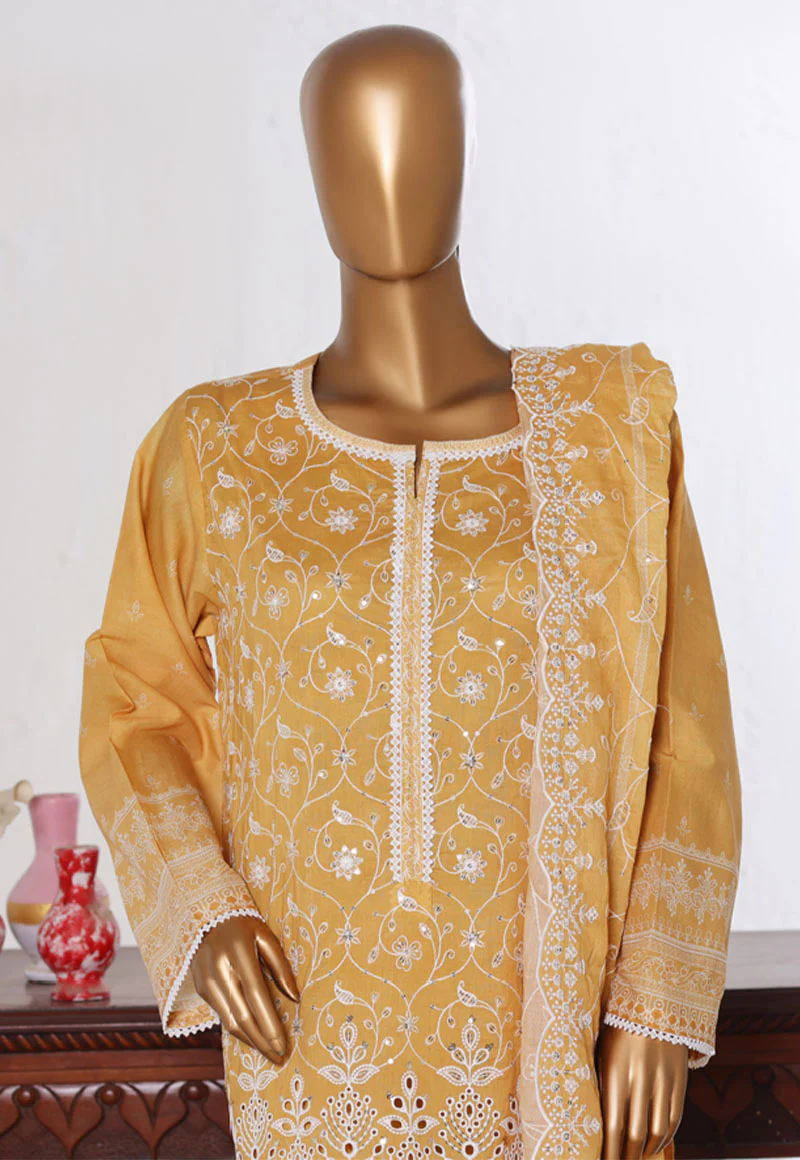 Bin Saeed Stitched 3 Piece Luxury White & White Emb Suit-NSM-2532 YELLOW - Image 2