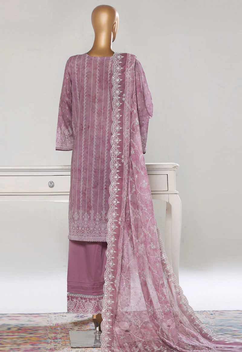 Bin Saeed Stitched 3 Piece Luxury White & White Emb Suit-NSM-2553 PURPLE - Image 2