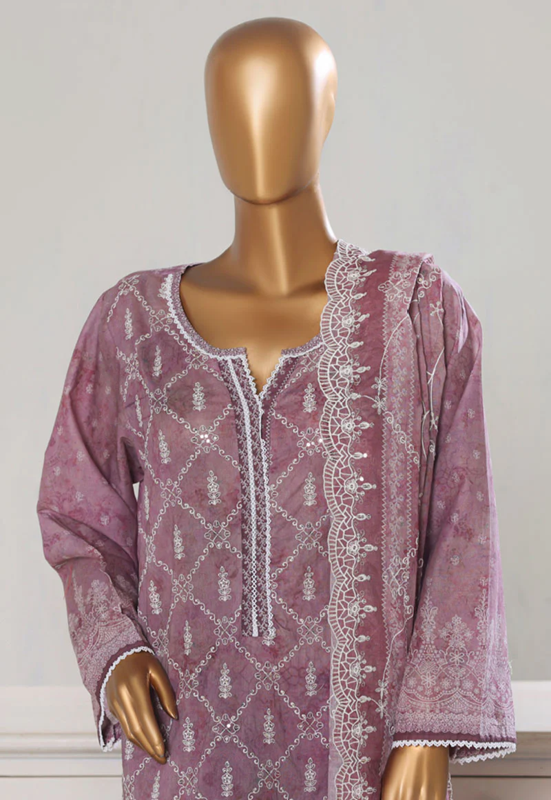 Bin Saeed Stitched 3 Piece Luxury White & White Emb Suit-NSM-2553 PURPLE - Image 3