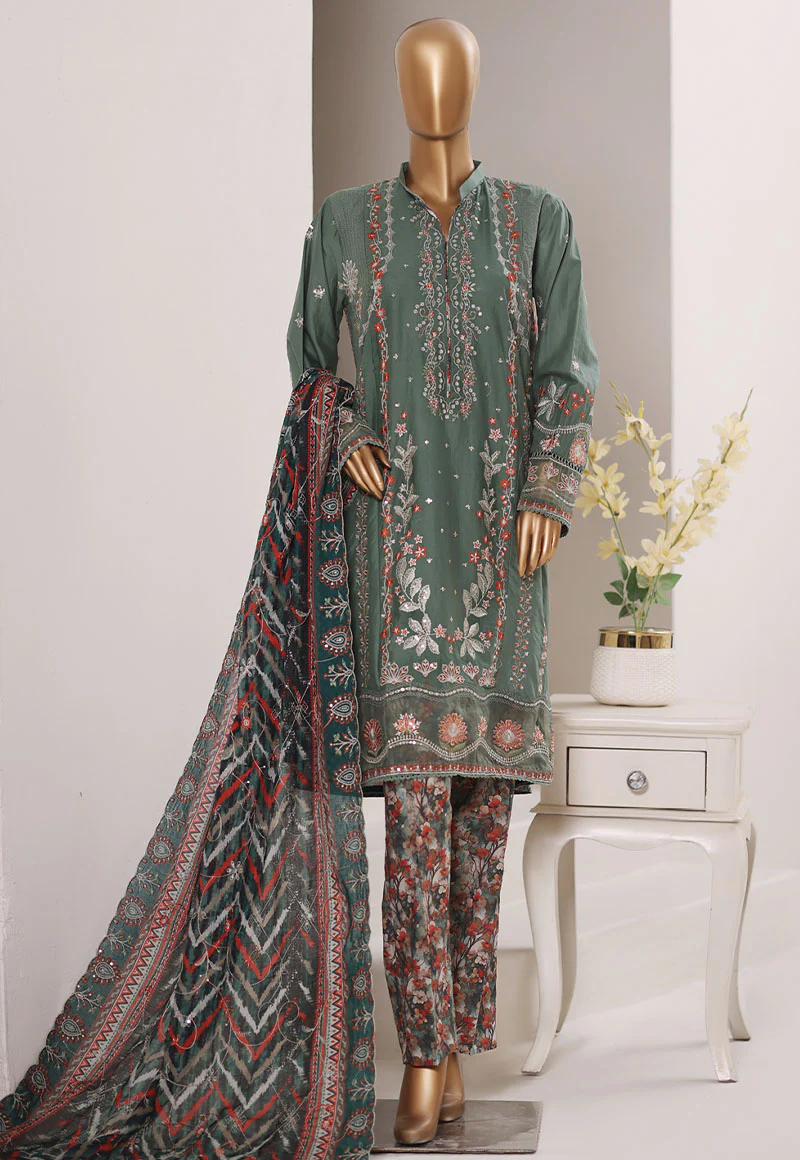 Bin Saeed Stitched 3 Piece Luxury Emb Plain Cotton With Emb Dupatta Vol-01 Suit-NSM-2588 GREEN