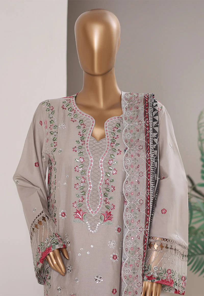Bin Saeed Stitched 3 Piece Luxury Emb Plain Cotton With Emb Dupatta Vol-01 Suit-NSM-2589 GRAY - Image 2