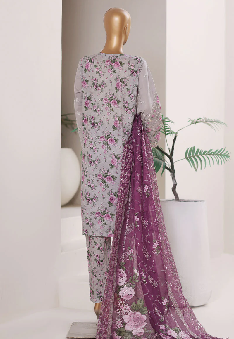 Bin Saeed Stitched 3 Piece Luxury Emb Plain Cotton With Emb Dupatta Vol-01 Suit-NSM-2591 GRAY - Image 3