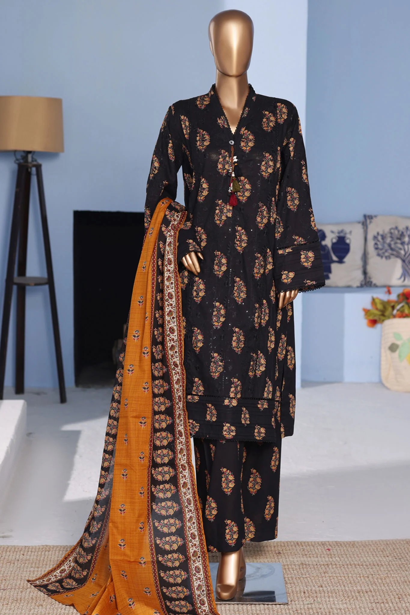 Bin Saeed Stitched 3 Piece Exclusive Emb Lawn Pintex Suit-NSM-2665 BLACK