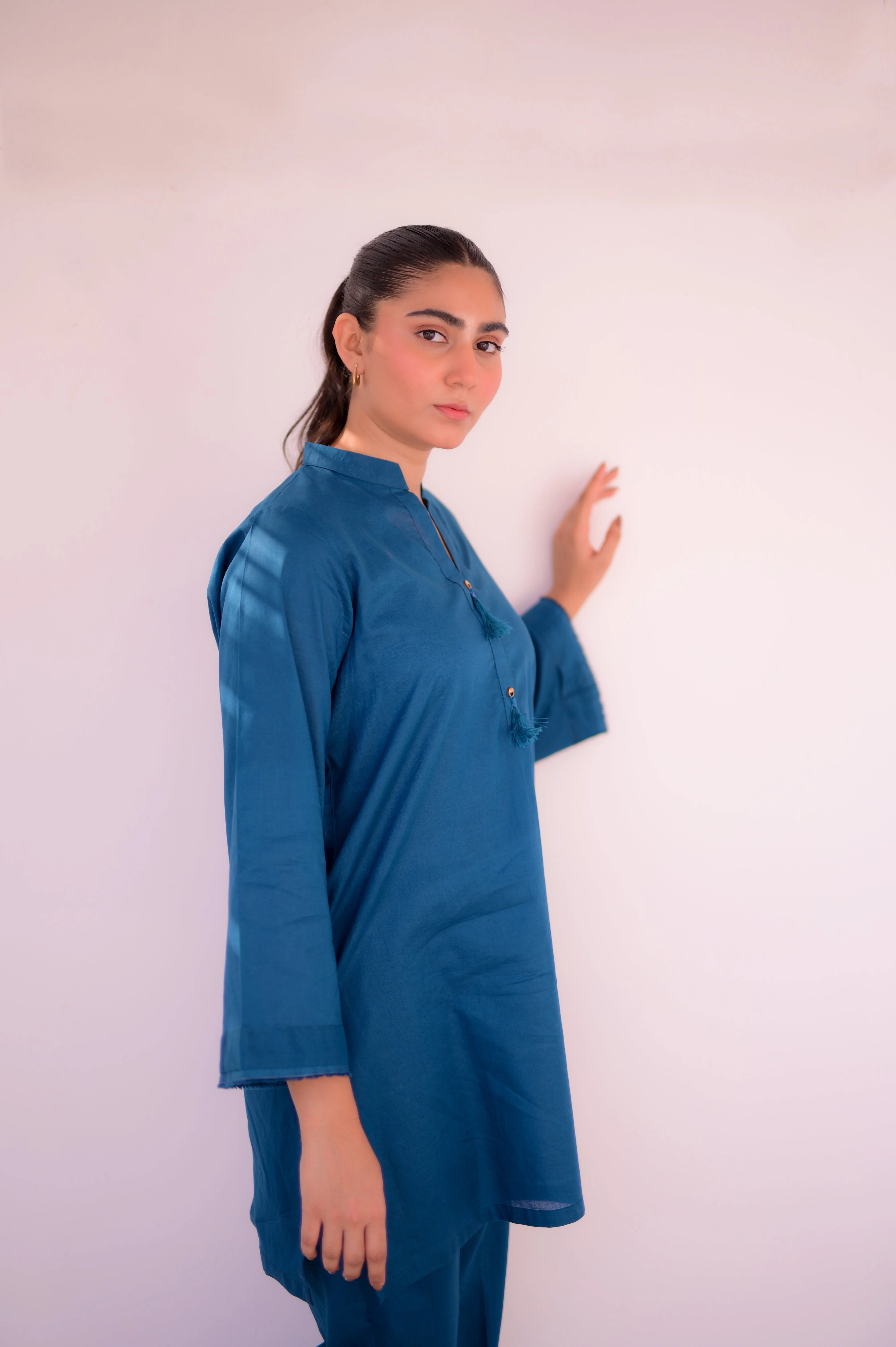 Tehzeeb Threads Solids Collection-Ocean Breeze Solid Set | Stitched - 2 piece | Shirt & Trouser - Image 2