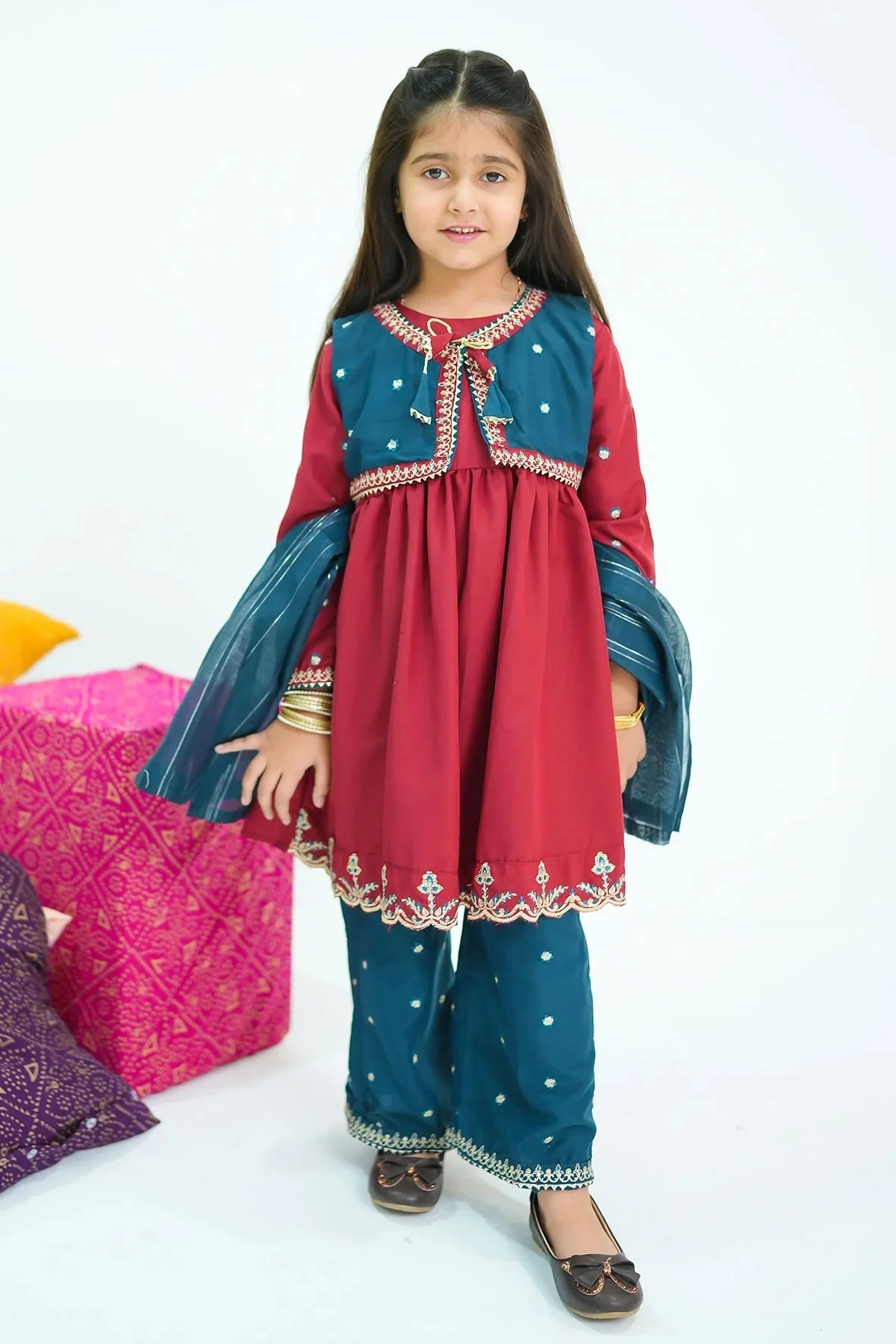 Ochre Clothing Kids Toddlers Festive-Raw Silk Embroidered 3 Pc Suit-INSHD-12