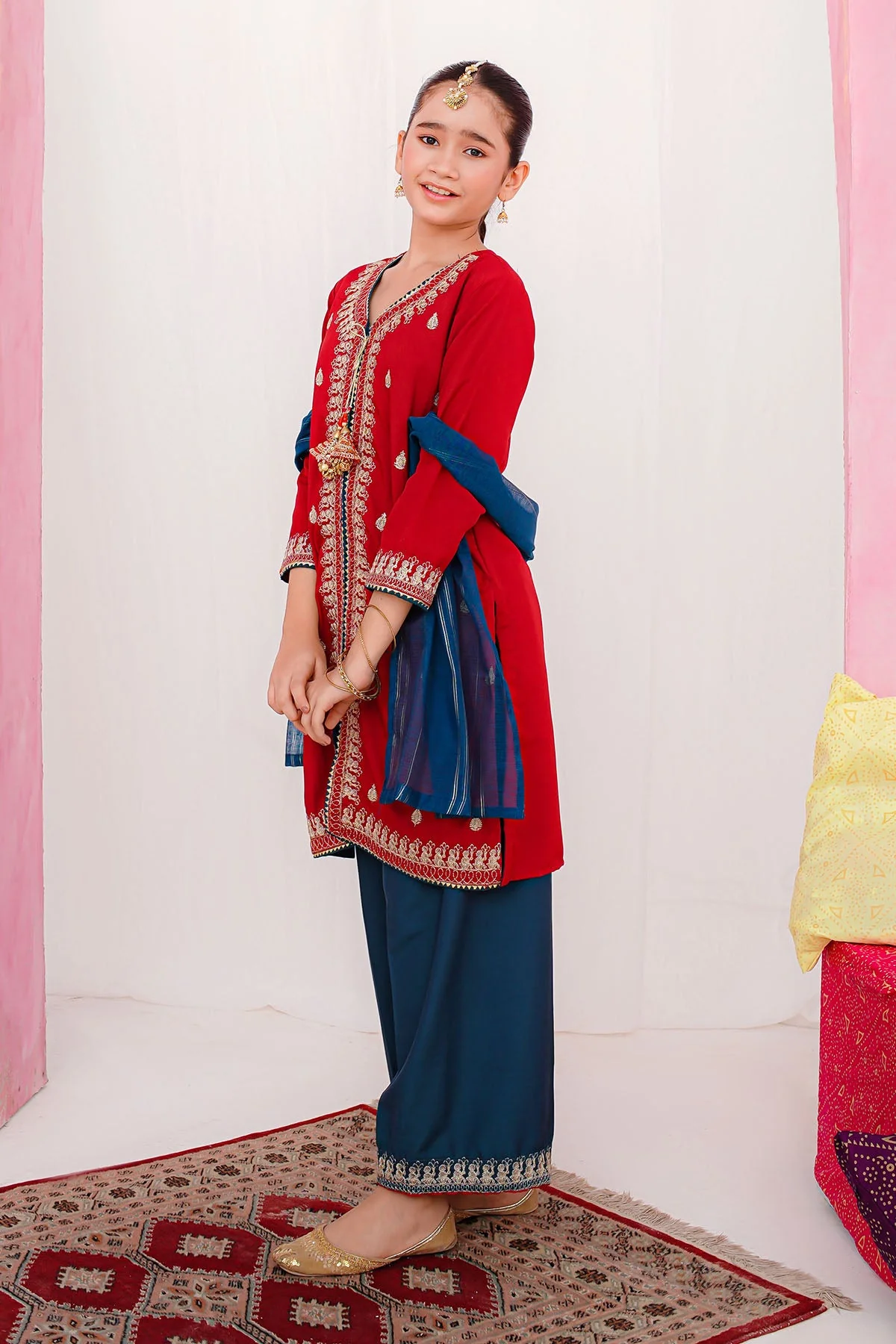 Ochre Clothing Kids Winter-Raw Silk Embroidered 3 Pc Suit-SHD-18 - Image 3