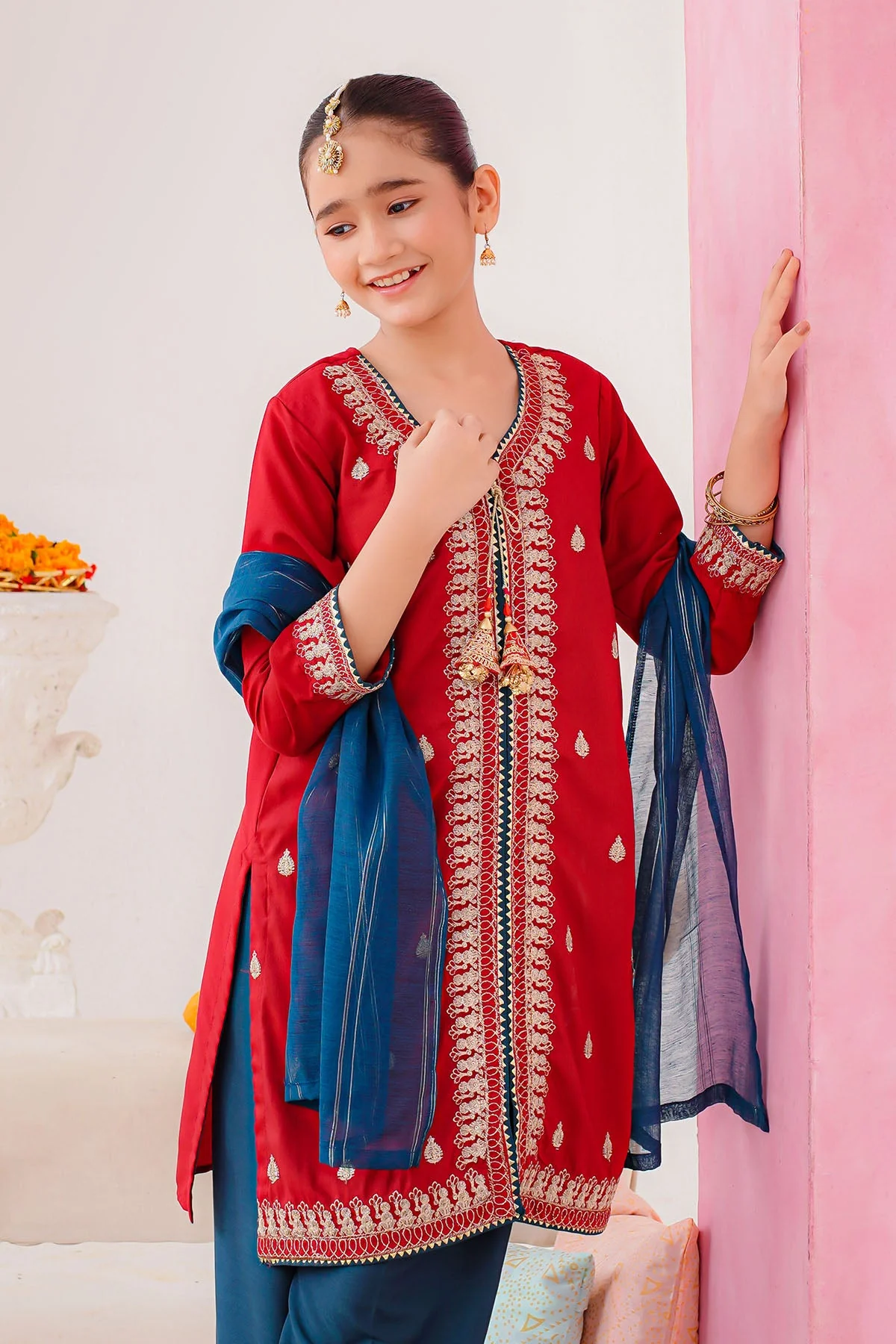 Ochre Clothing Kids Winter-Raw Silk Embroidered 3 Pc Suit-SHD-18 - Image 5