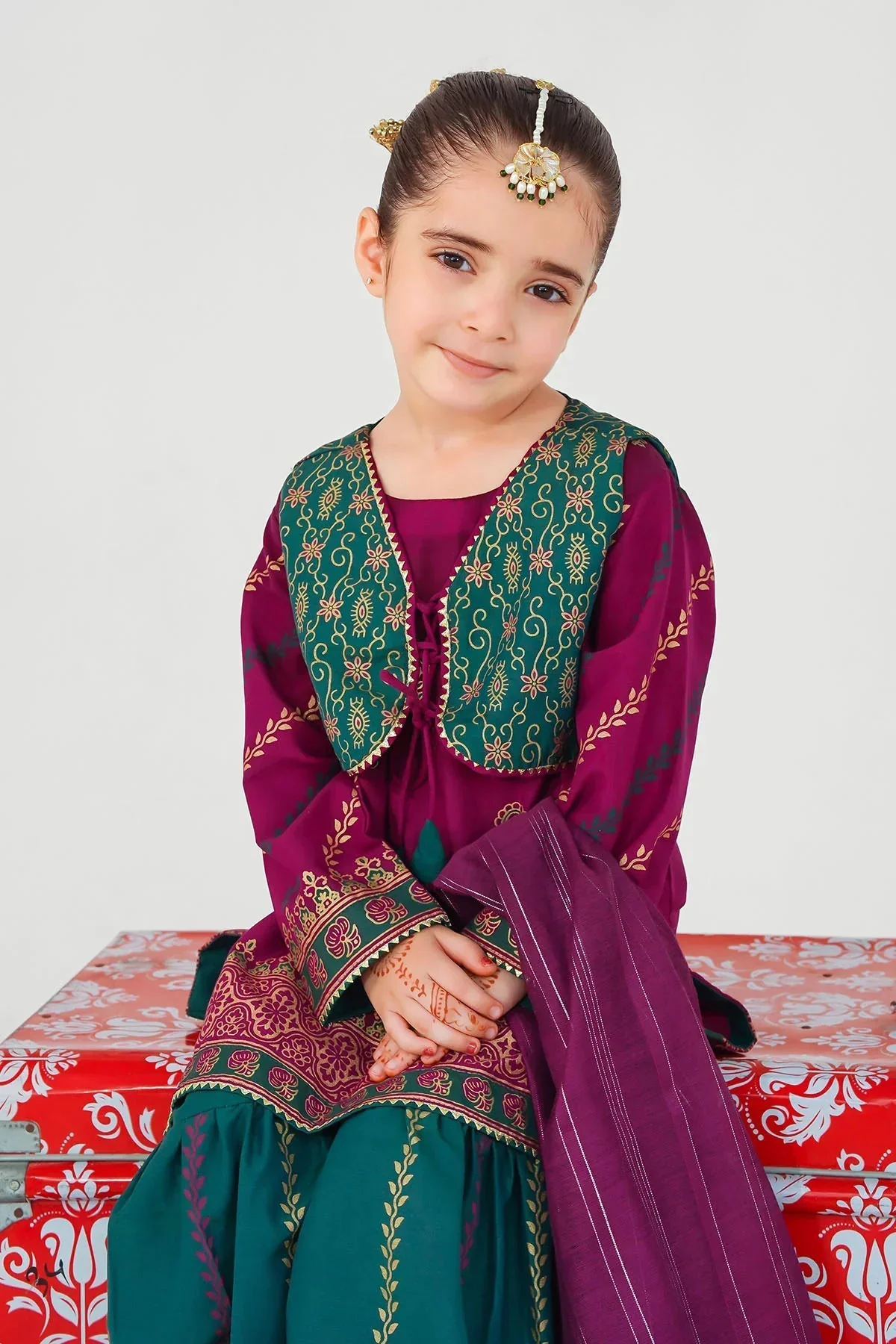 Ochre Clothing Kids Toddlers Festive-Raw Silk Printed 3 Pc Suit-INMHD-09 - Image 2