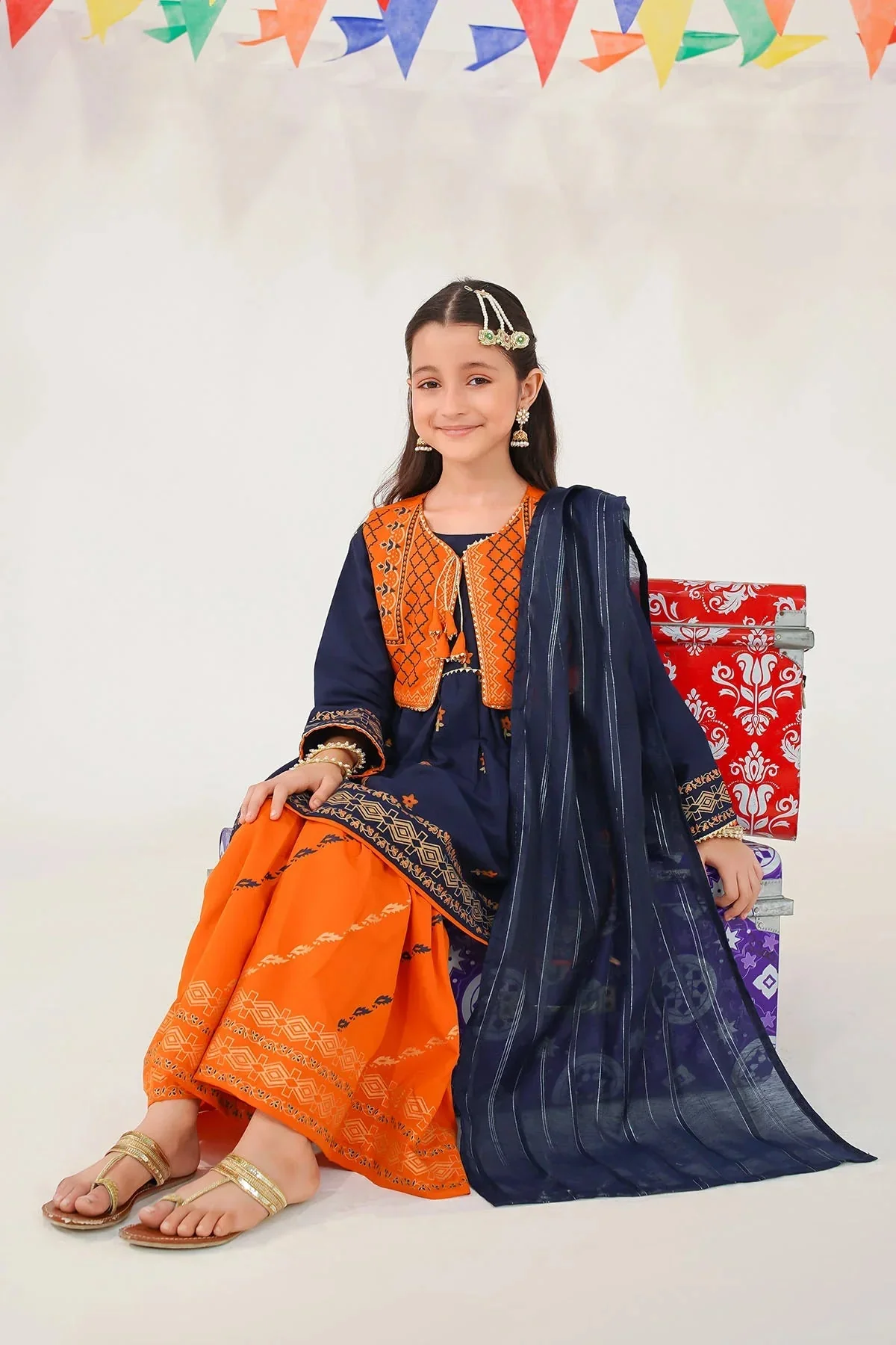 Ochre Clothing Kids Toddlers Festive-Raw Silk Printed 3 Pc Suit-INMHD-07 - Image 2