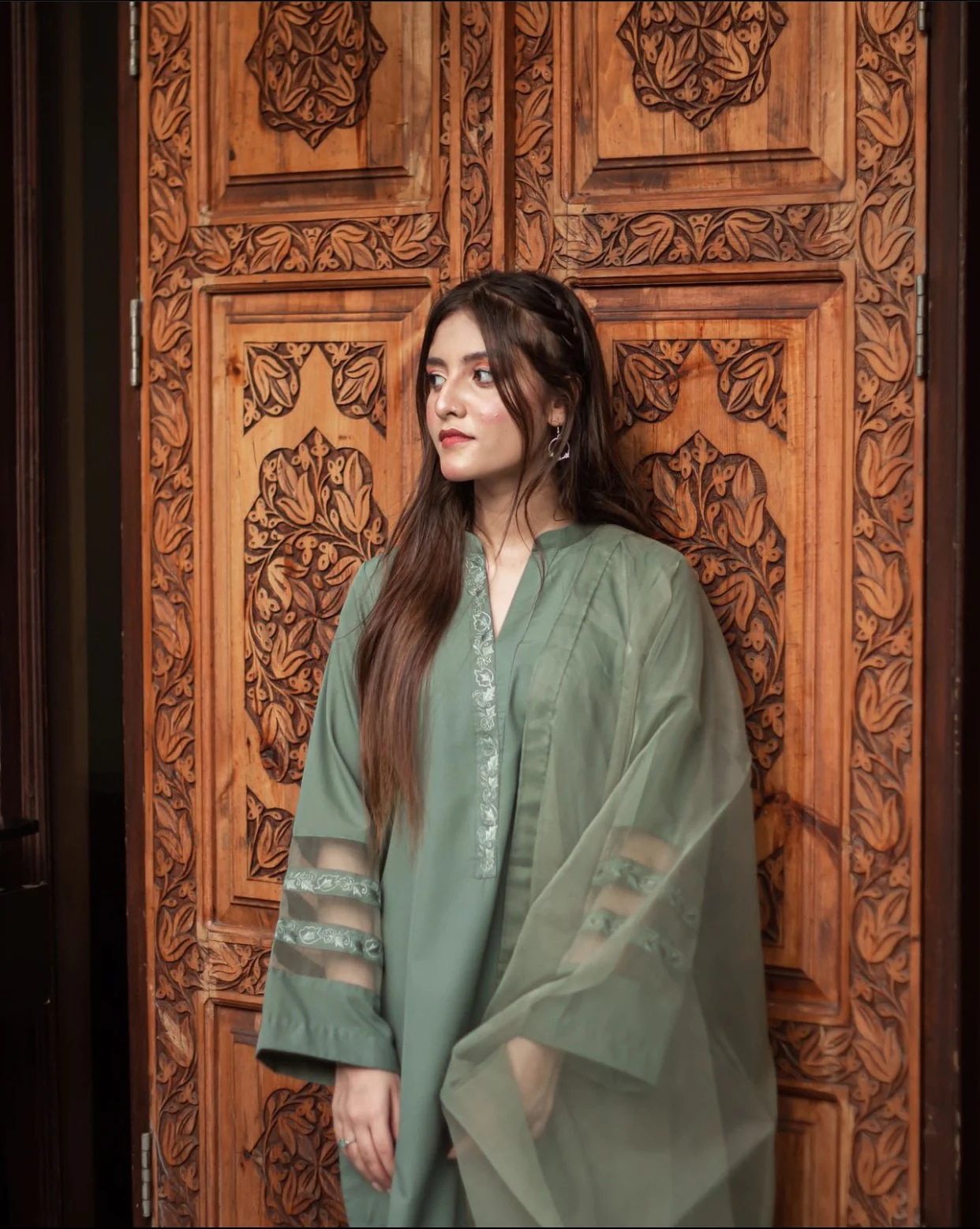 Zauk Stitched 3 Piece Collection-Olive Green Three Piece Dress - Image 6