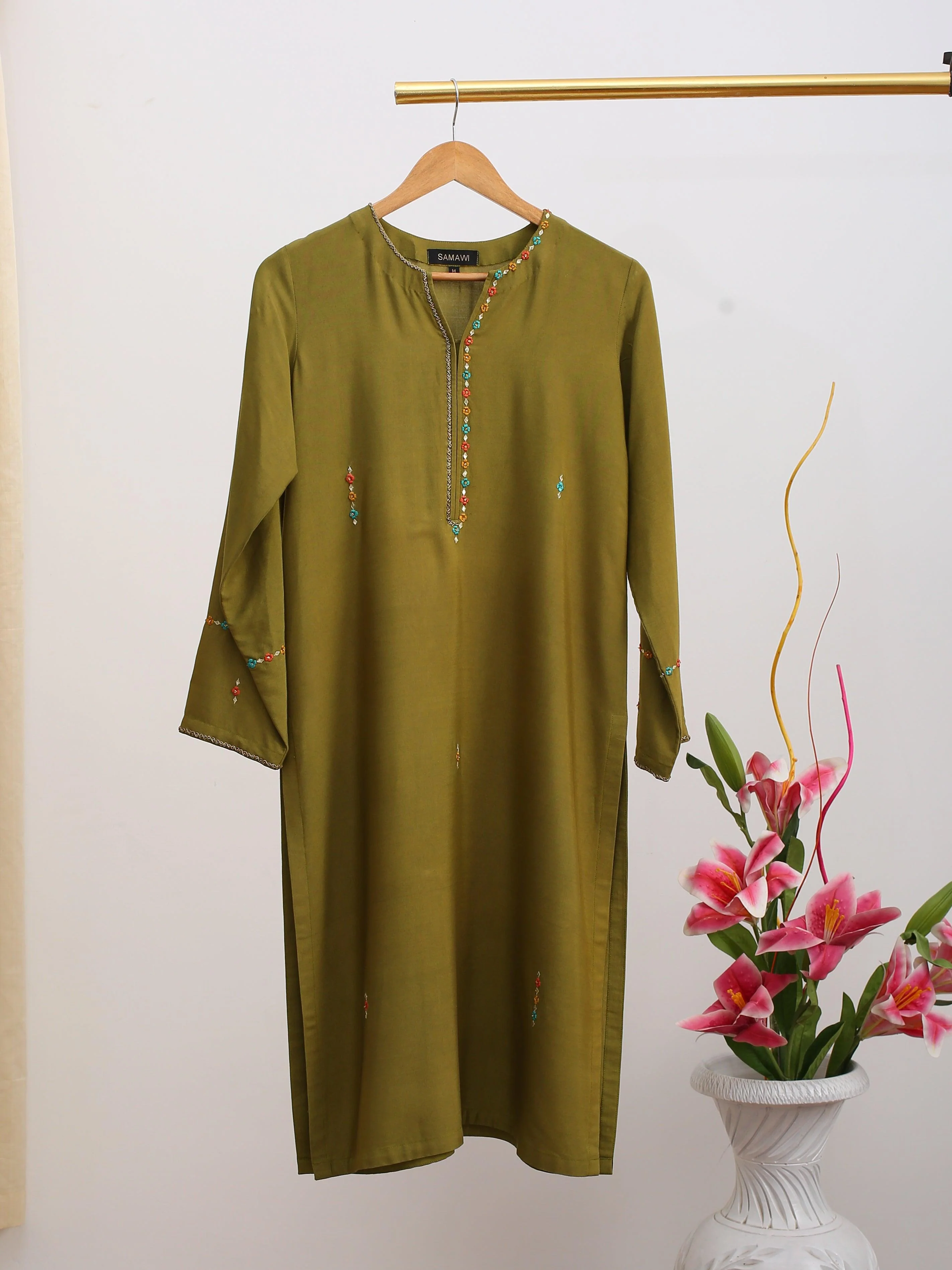 Samawi Stitched Kurta Suit-Olive Kurta