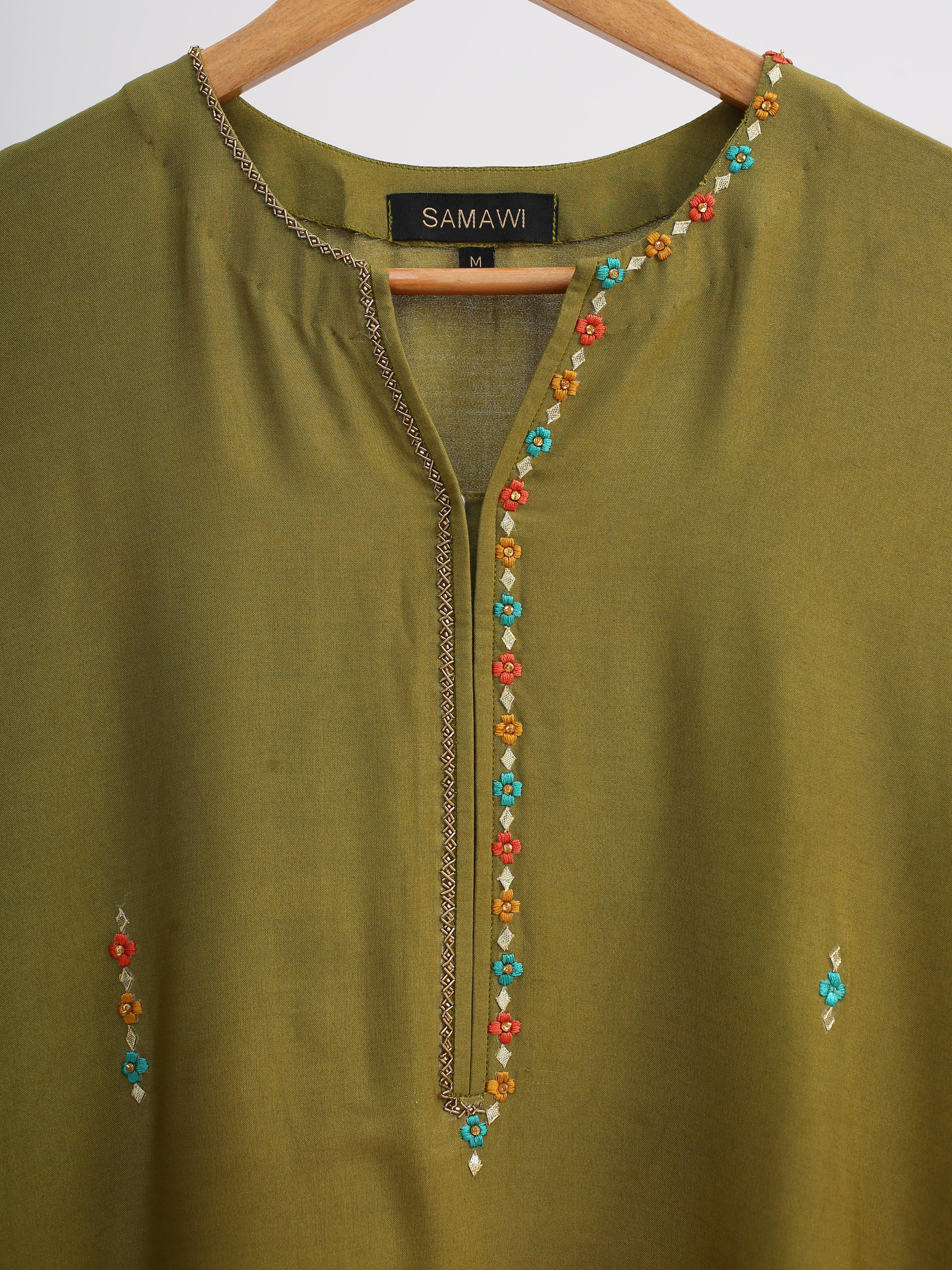 Samawi Stitched Kurta Suit-Olive Kurta - Image 2