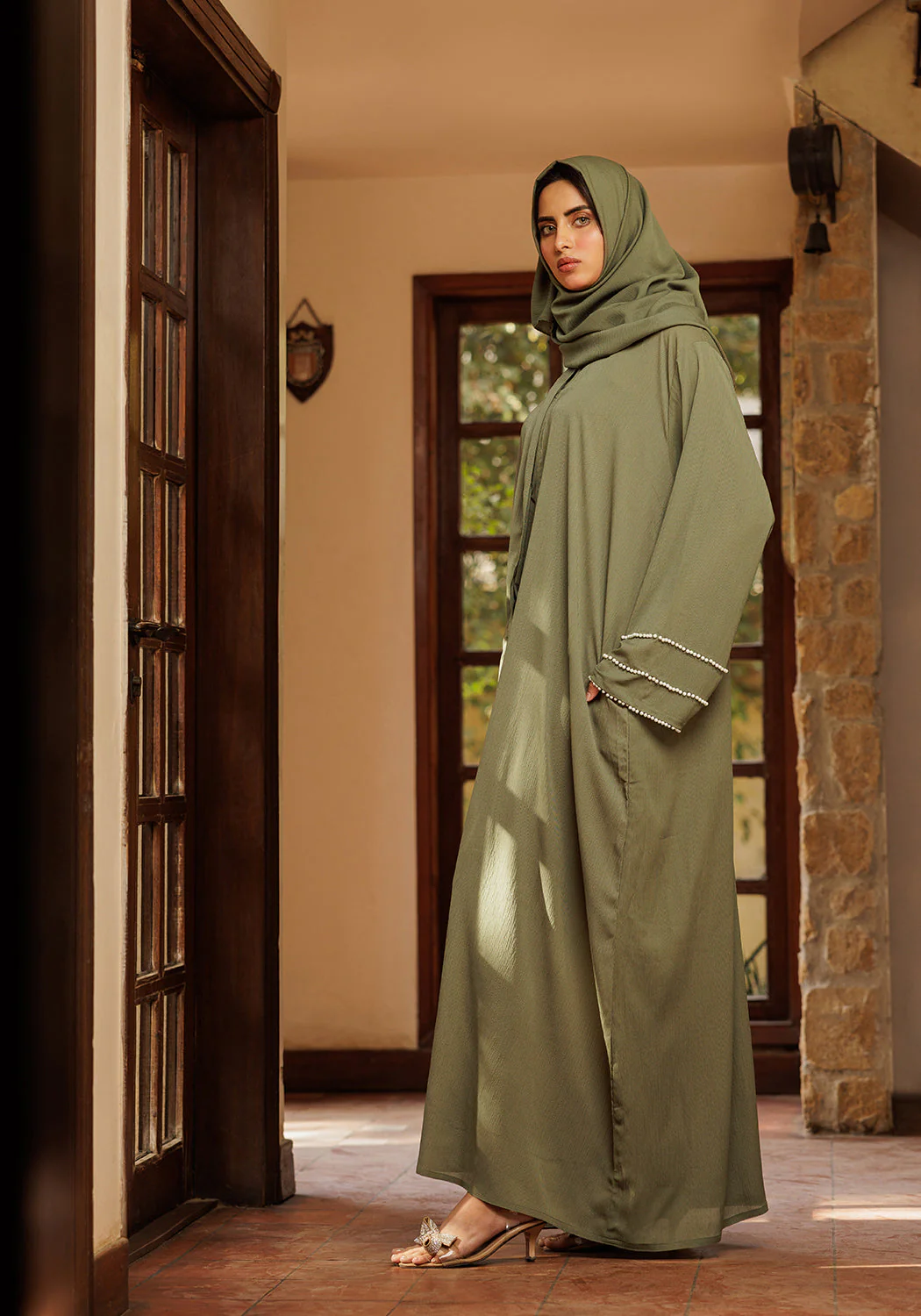 Hijabi.Pk Olive Pearl Sleeve Abaya - Signature - Image 2