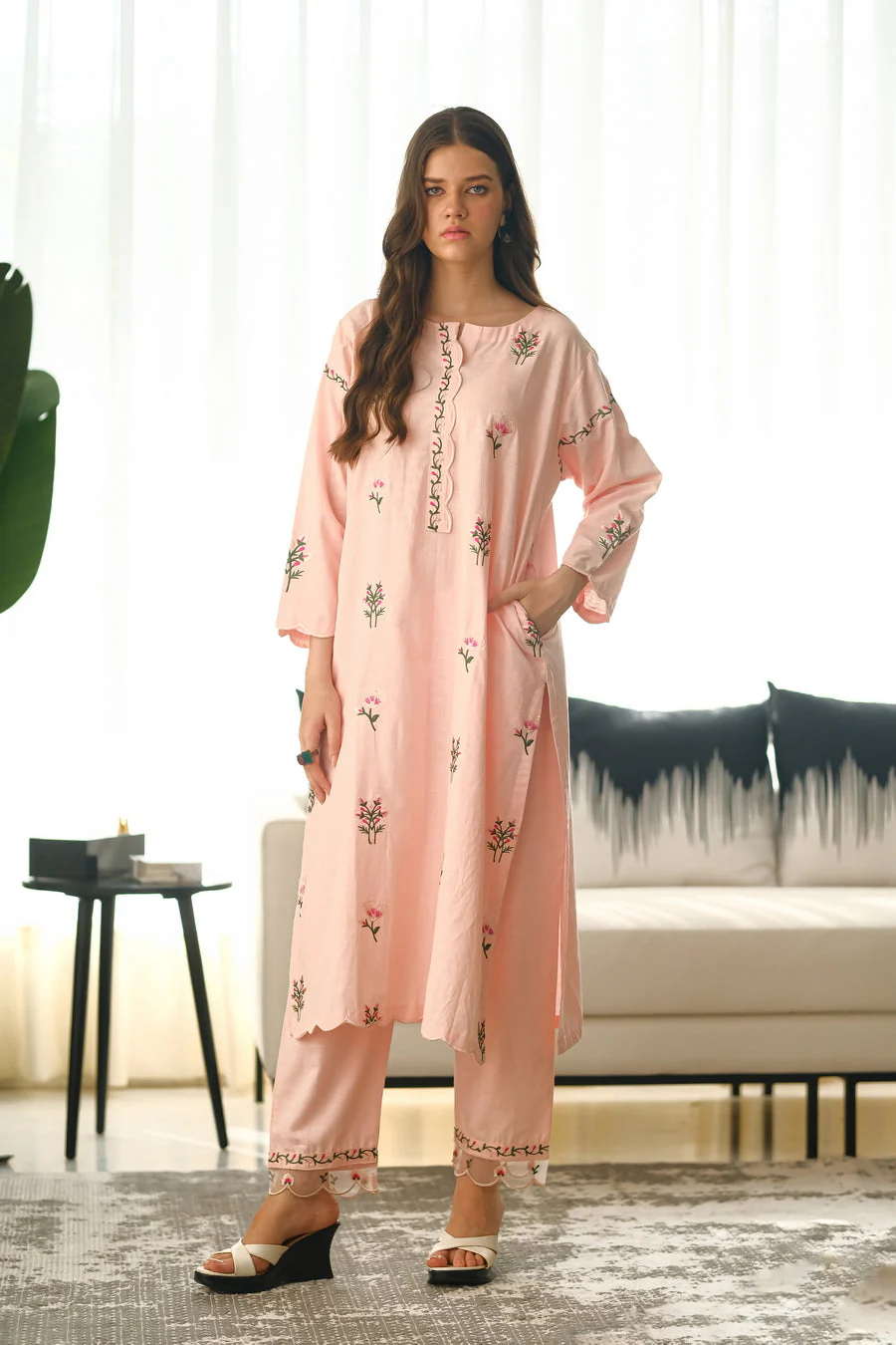 Sprinkles Stitched 2 Piece Summer Co Ord Sets Women Suit-Pastel Bloom - 2pcs - Embroidered - Image 5